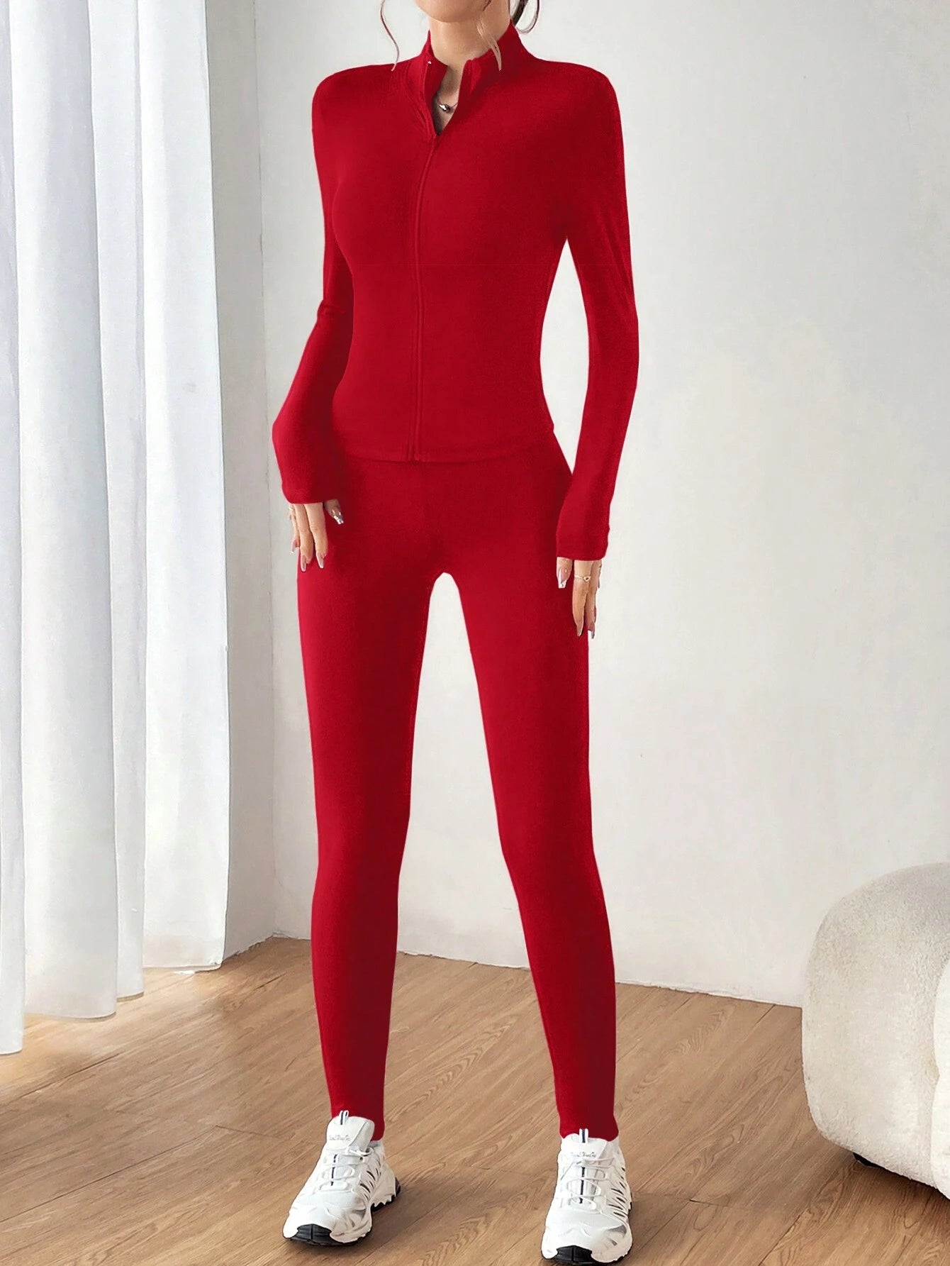 EZwear Black Two Piece Set Sportswear Zip Up Jacket &amp; Leggings Red