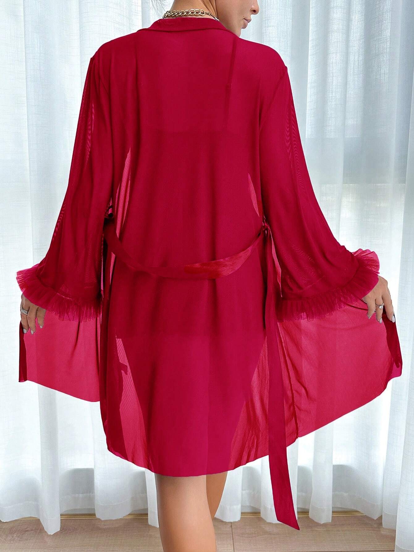 2pcs Set: Fishbone Style Cinch Waist Lace Cami Nightgown &amp; Wide Sleeve Mesh Robe