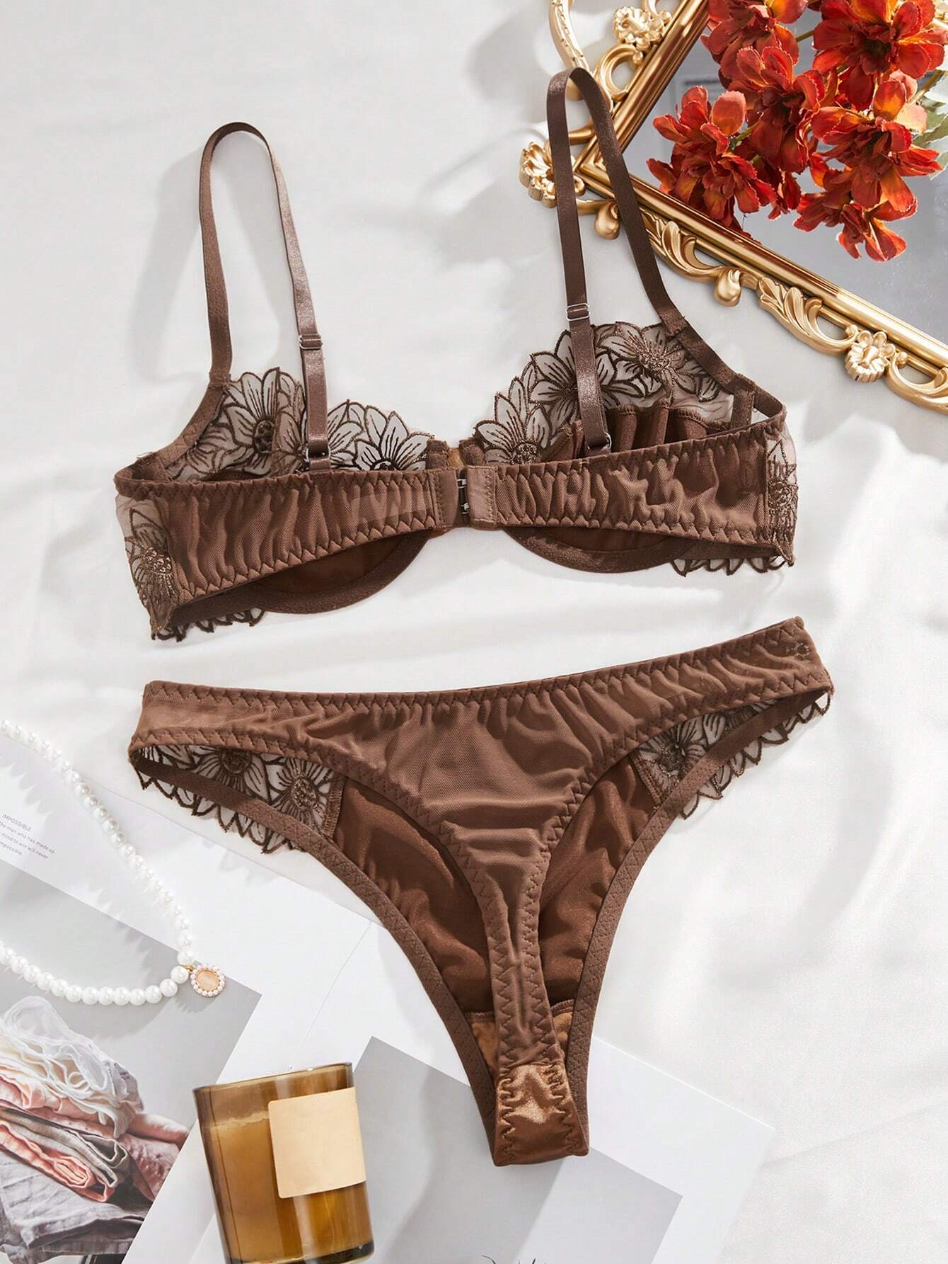 Embroidered Mesh Trimmed Satin Underwear Set Lingerie Set