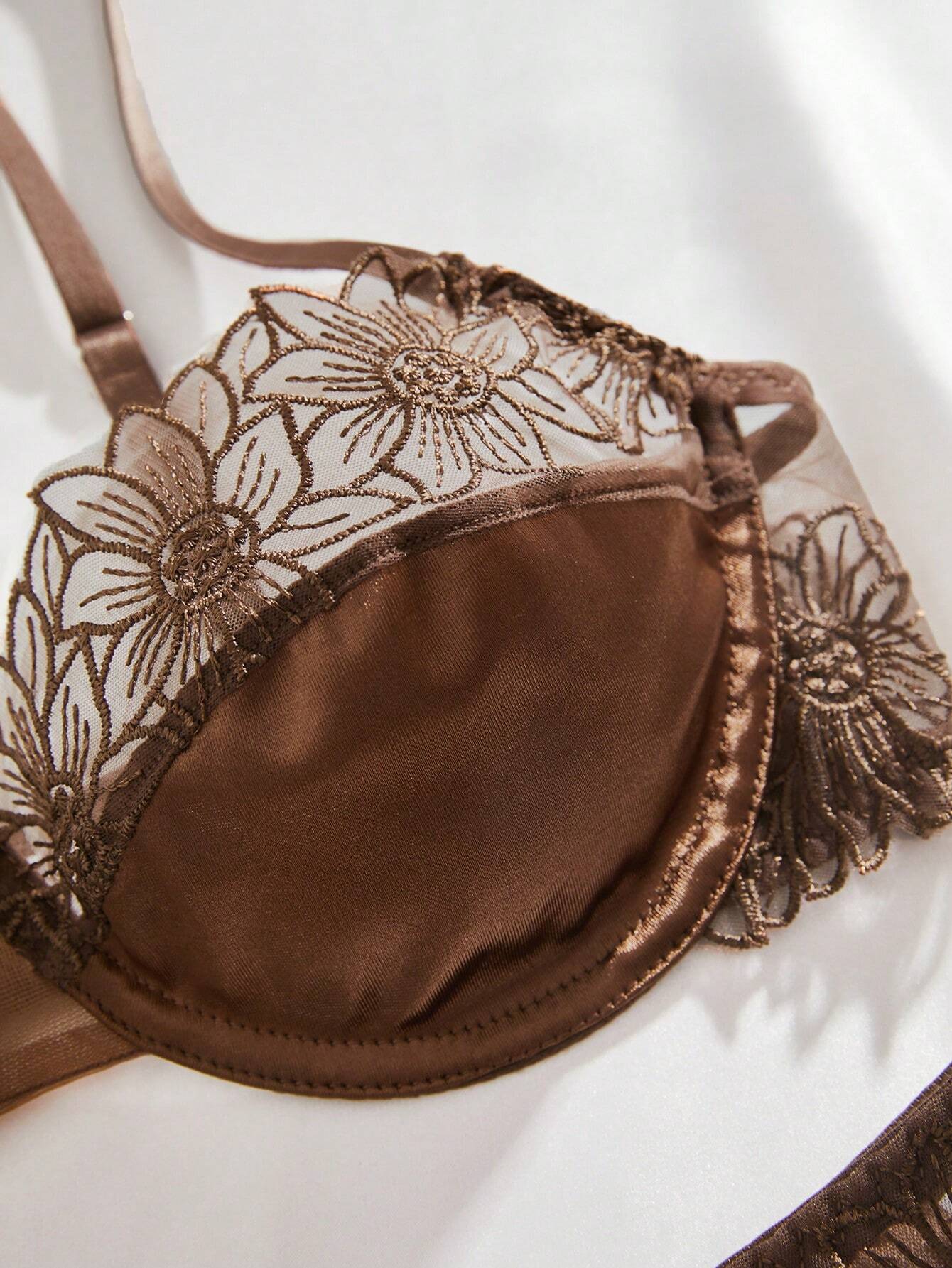 Embroidered Mesh Trimmed Satin Underwear Set Lingerie Set