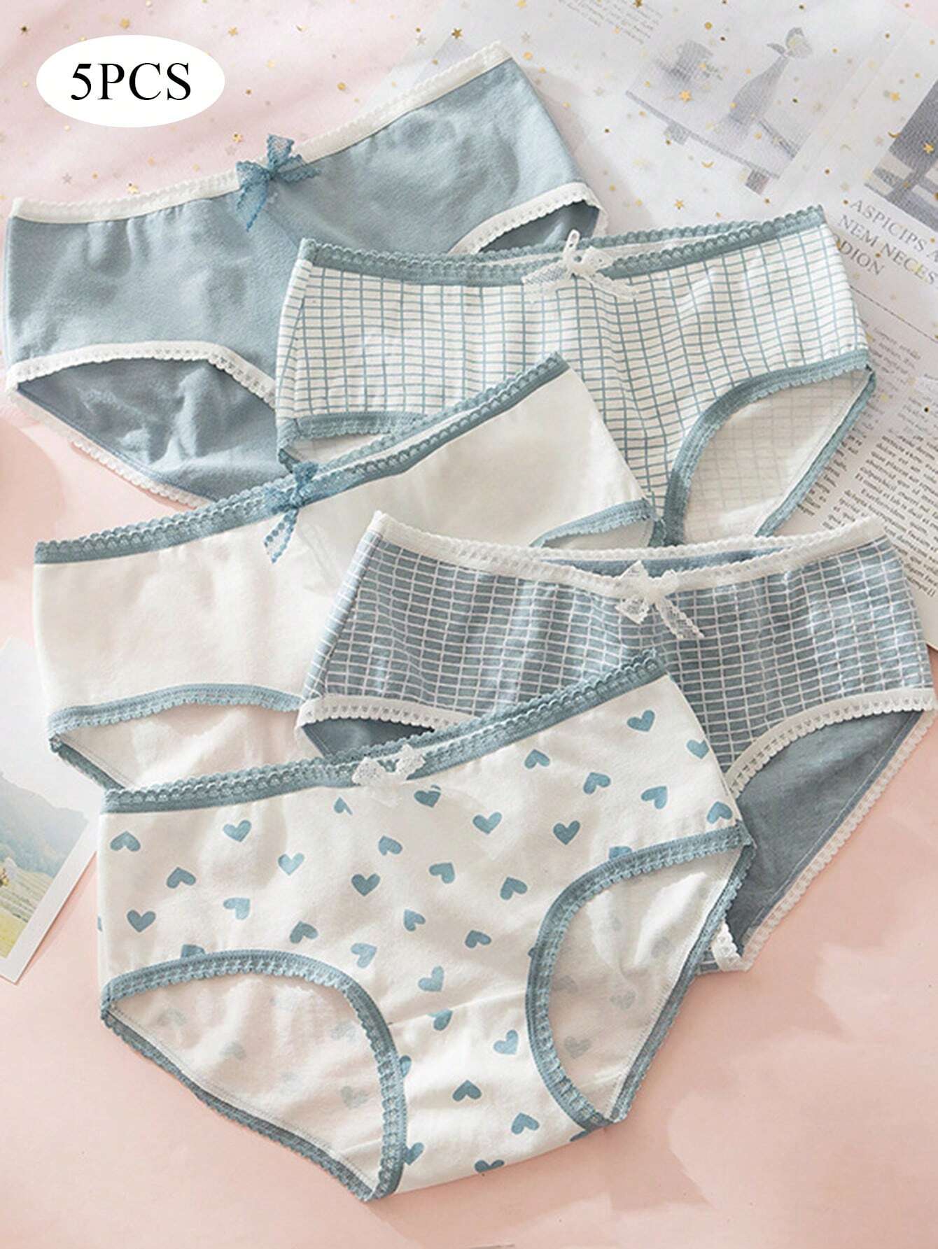 5pcs Cute Fresh Fashion Butterfly Embellished Skin-Friendly Comfortable Breathable High Elasticity Mid-Waist Triangle Panties Multicolor