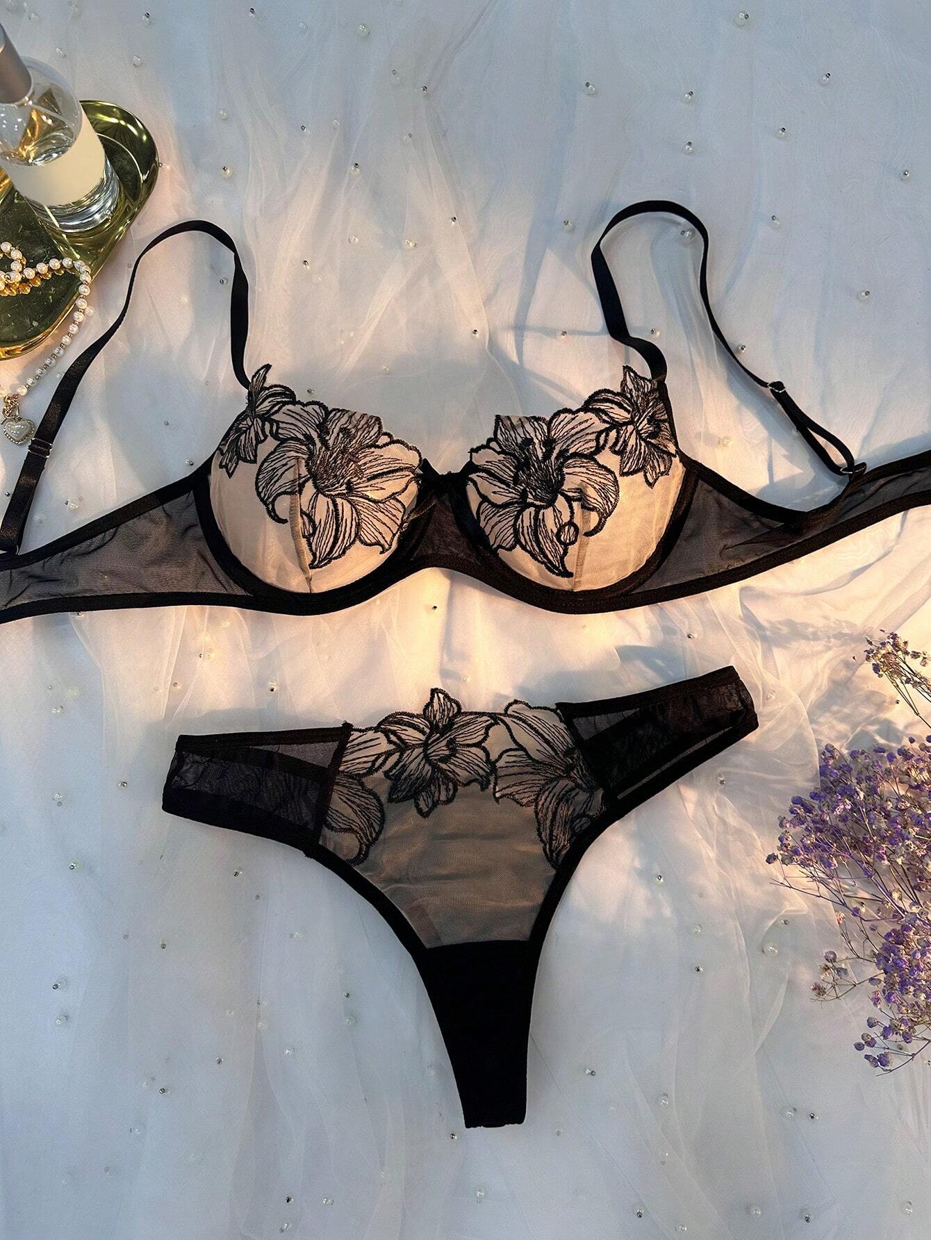 Women's Flower Embroidery Mesh Bra And Panties Set Black