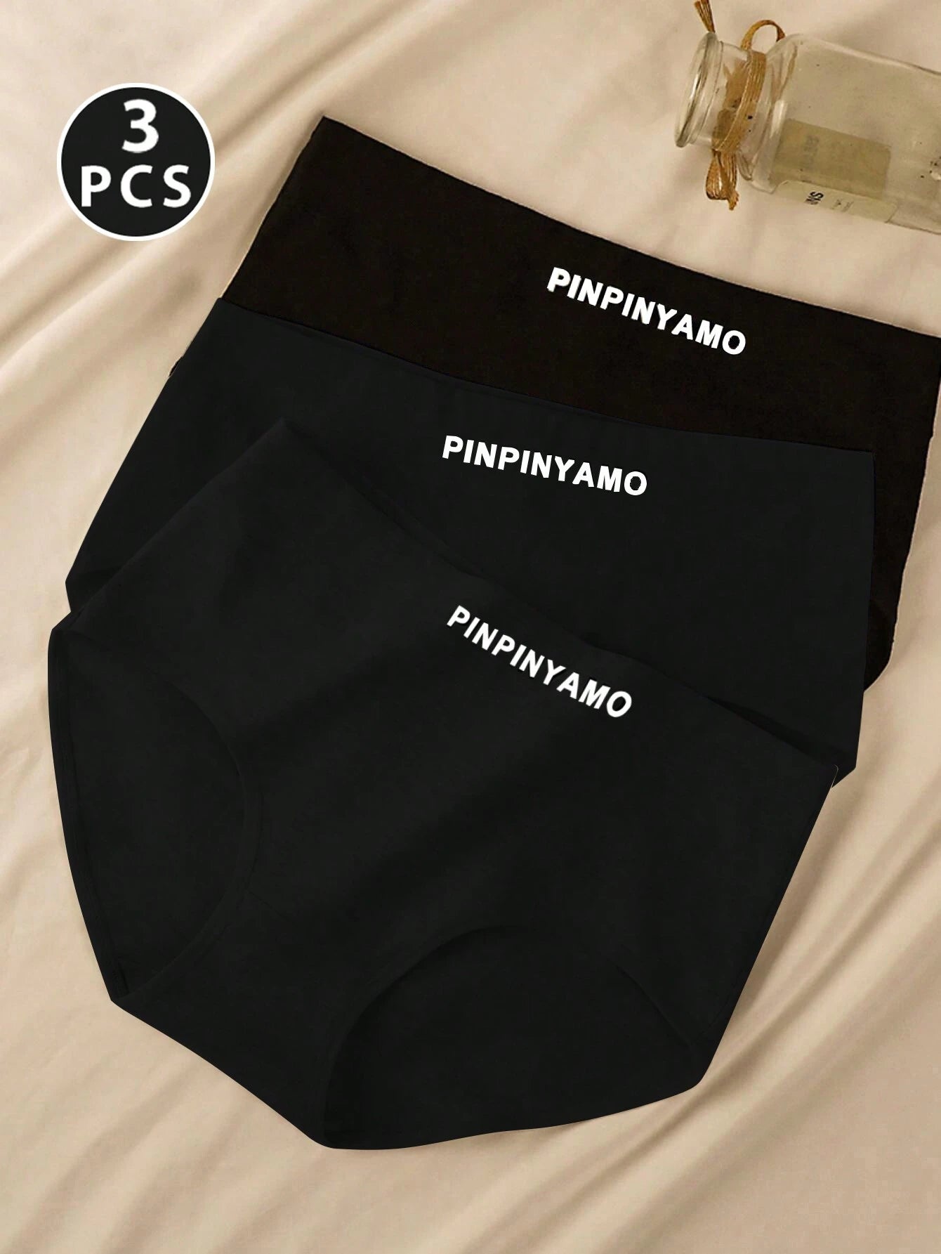 3pcs Women's Comfortable Breathable Letter Print Triangle Panties Black