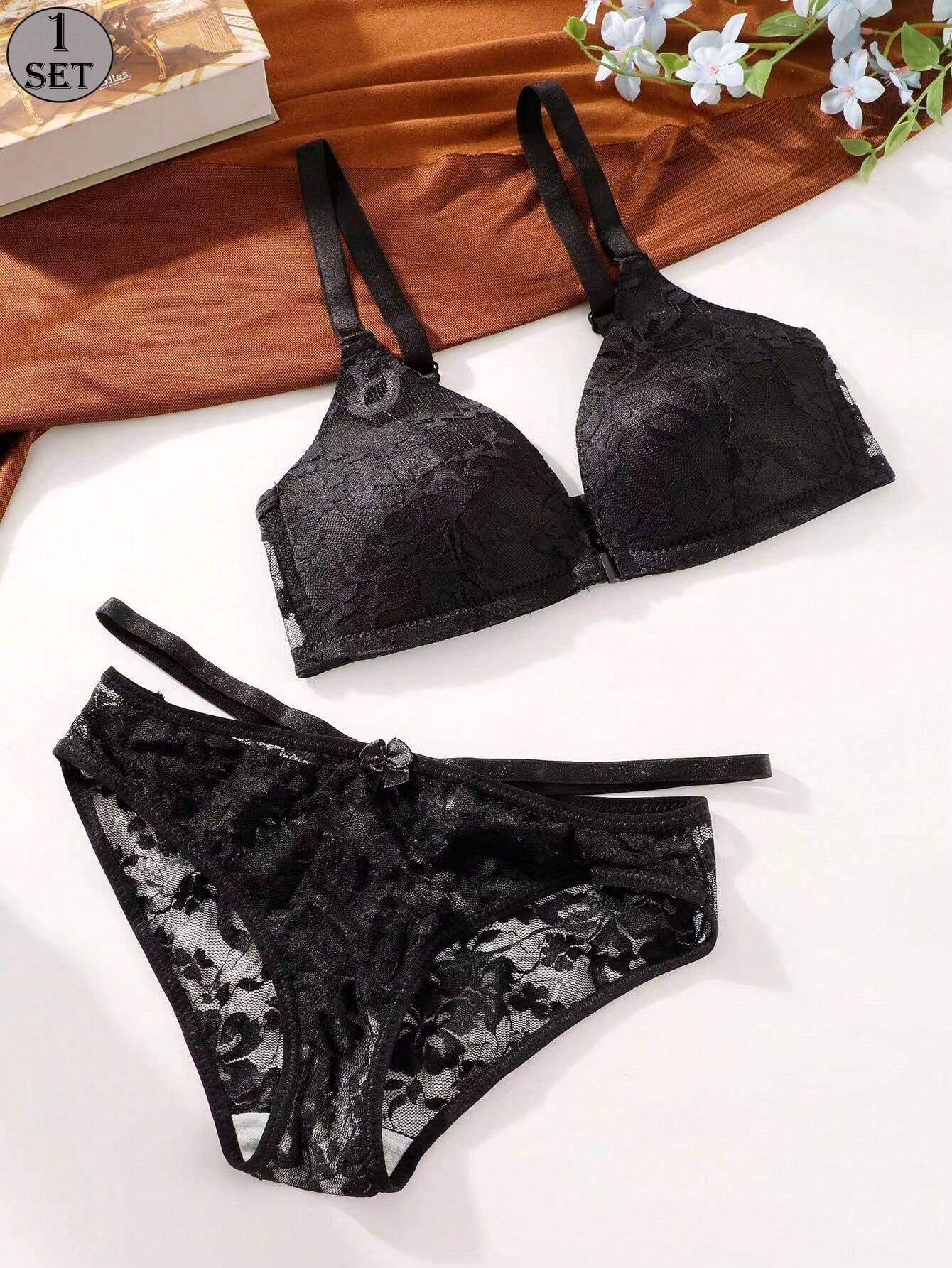 1set Women Front Closure Lace Trim Wireless Bra And Panty Lingerie Set Black