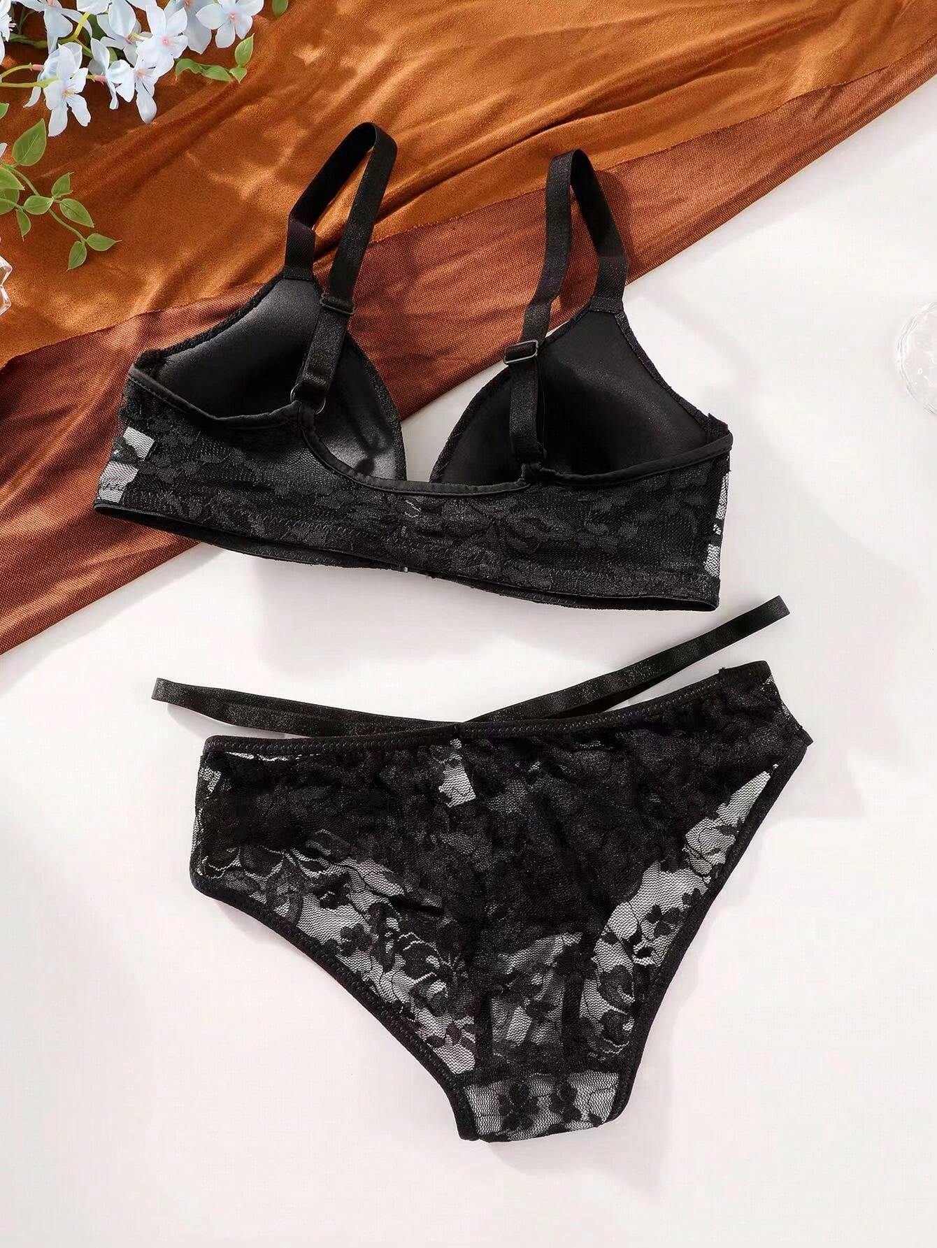 1set Women Front Closure Lace Trim Wireless Bra And Panty Lingerie Set