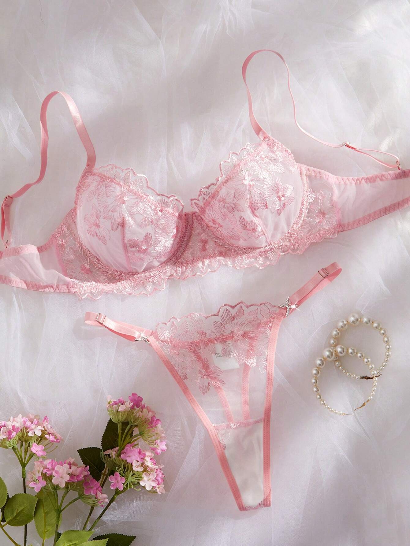 2pcs Vintage Lady Sexy Bra & Thong Lingerie Set Pink