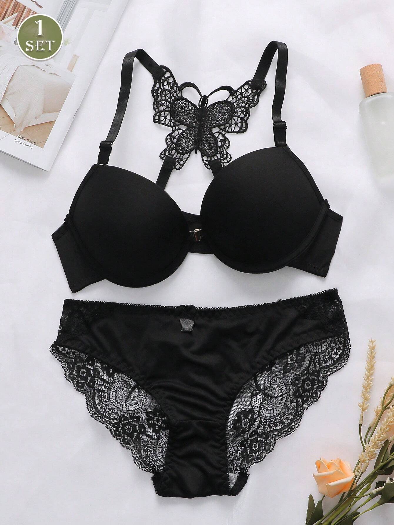 1Set Women's Lace Underwire Push Up Bra &Panties Set, Lingerie Black