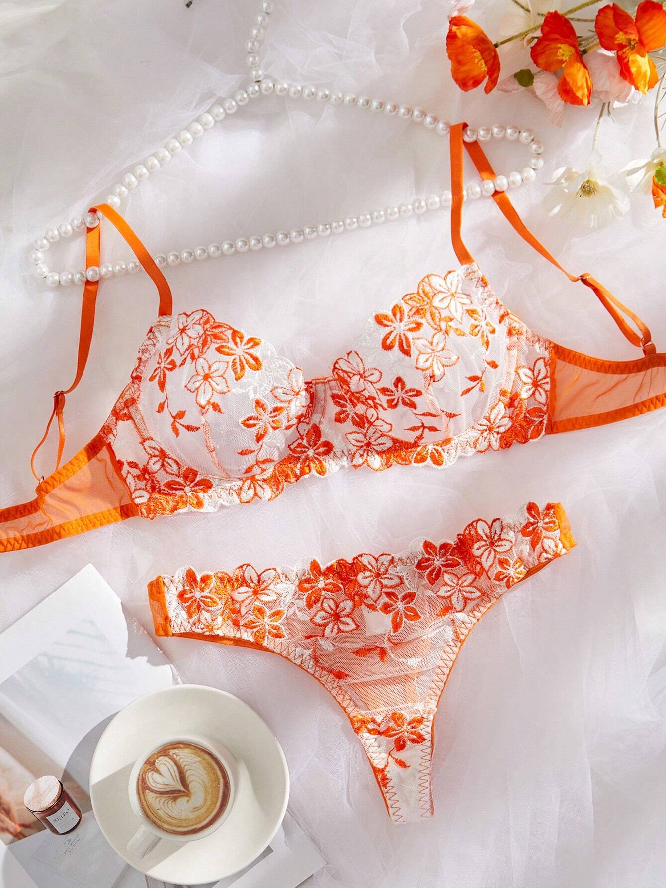 2 Pieces Romantic Pink Women Underwire Bra And Panty Set Orange