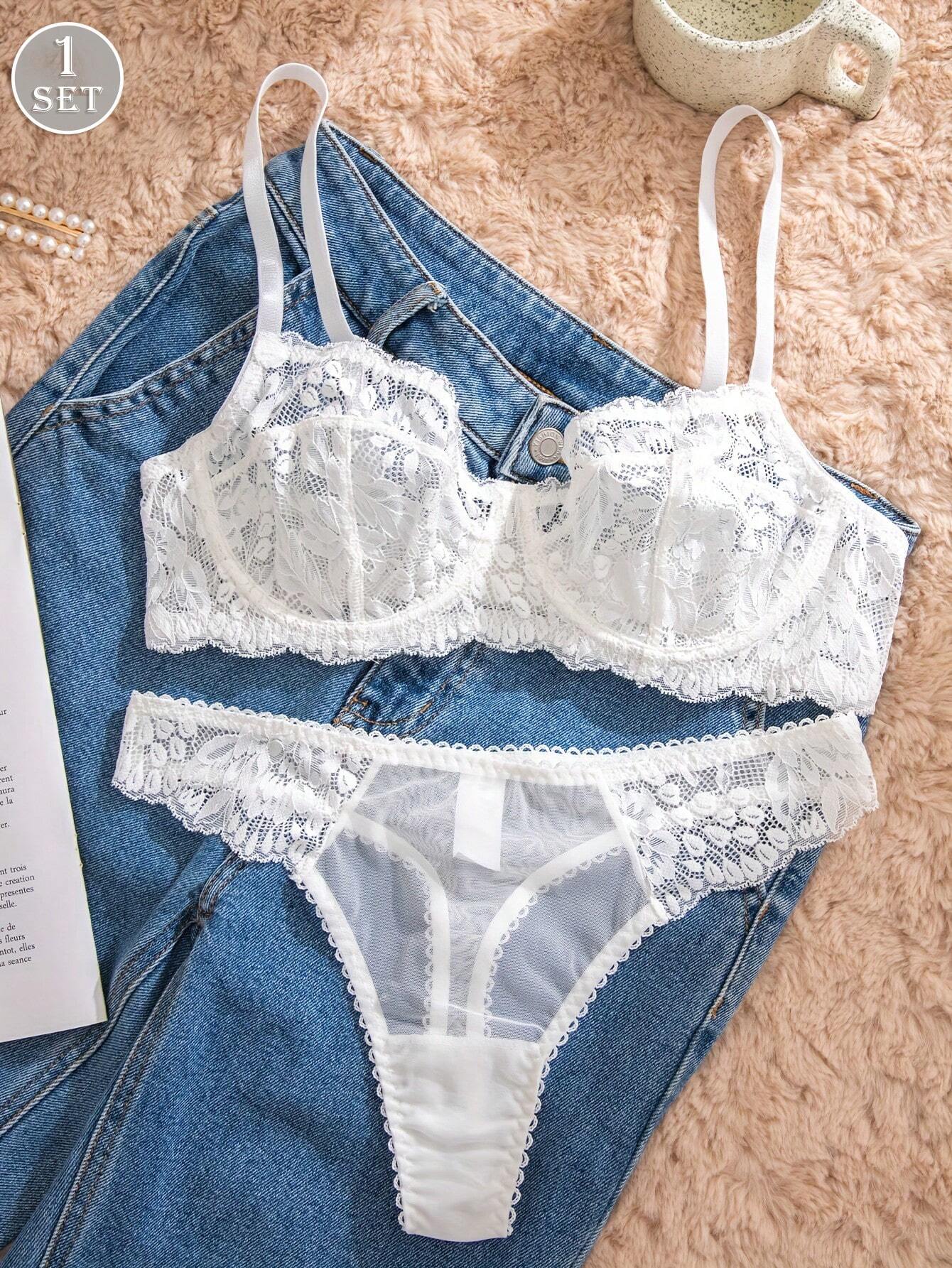 1set Women Solid Color Lace Comfy Lingerie Set White