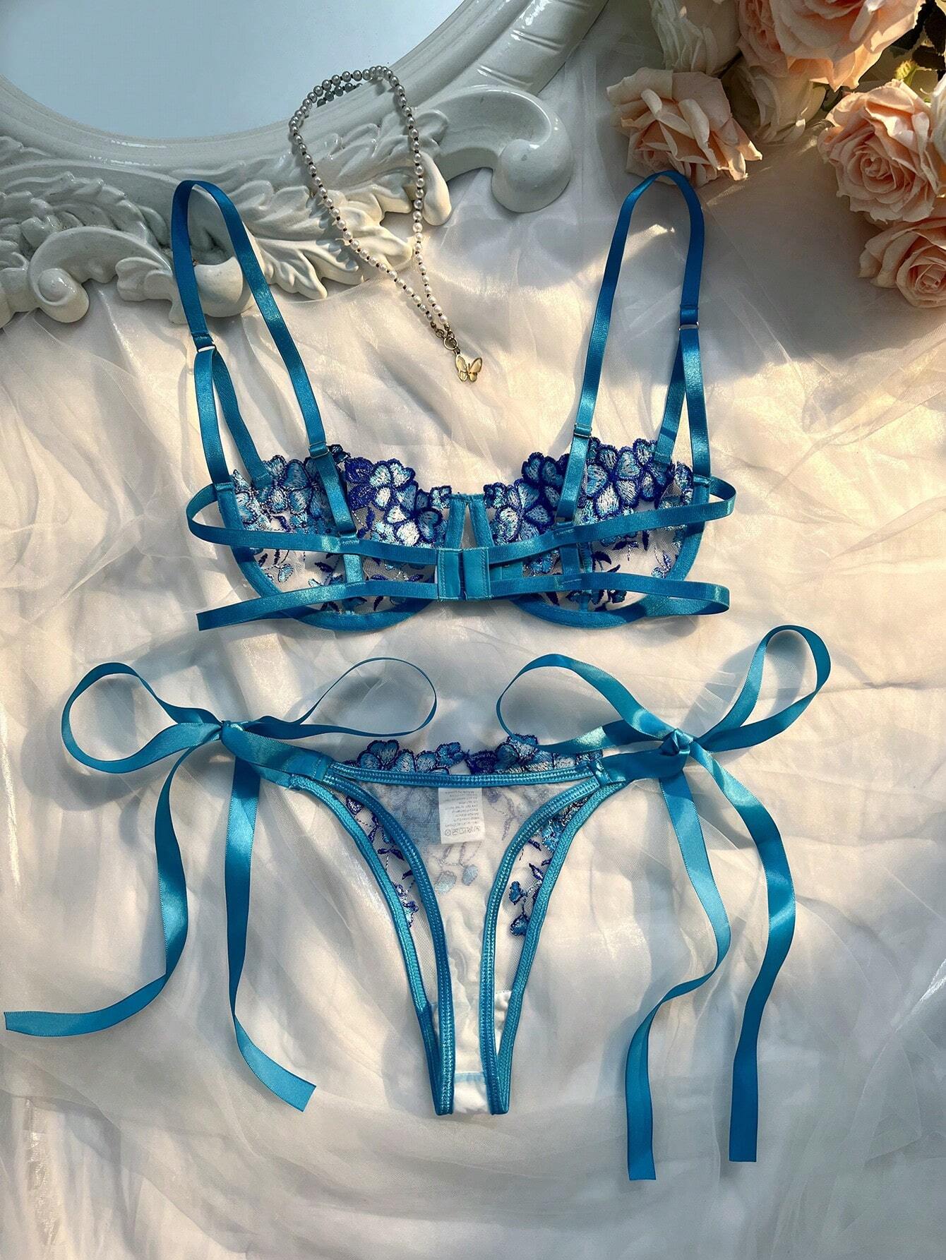 2pcs/Set Sky Blue Embroidered Strap Ladies Lingerie Set