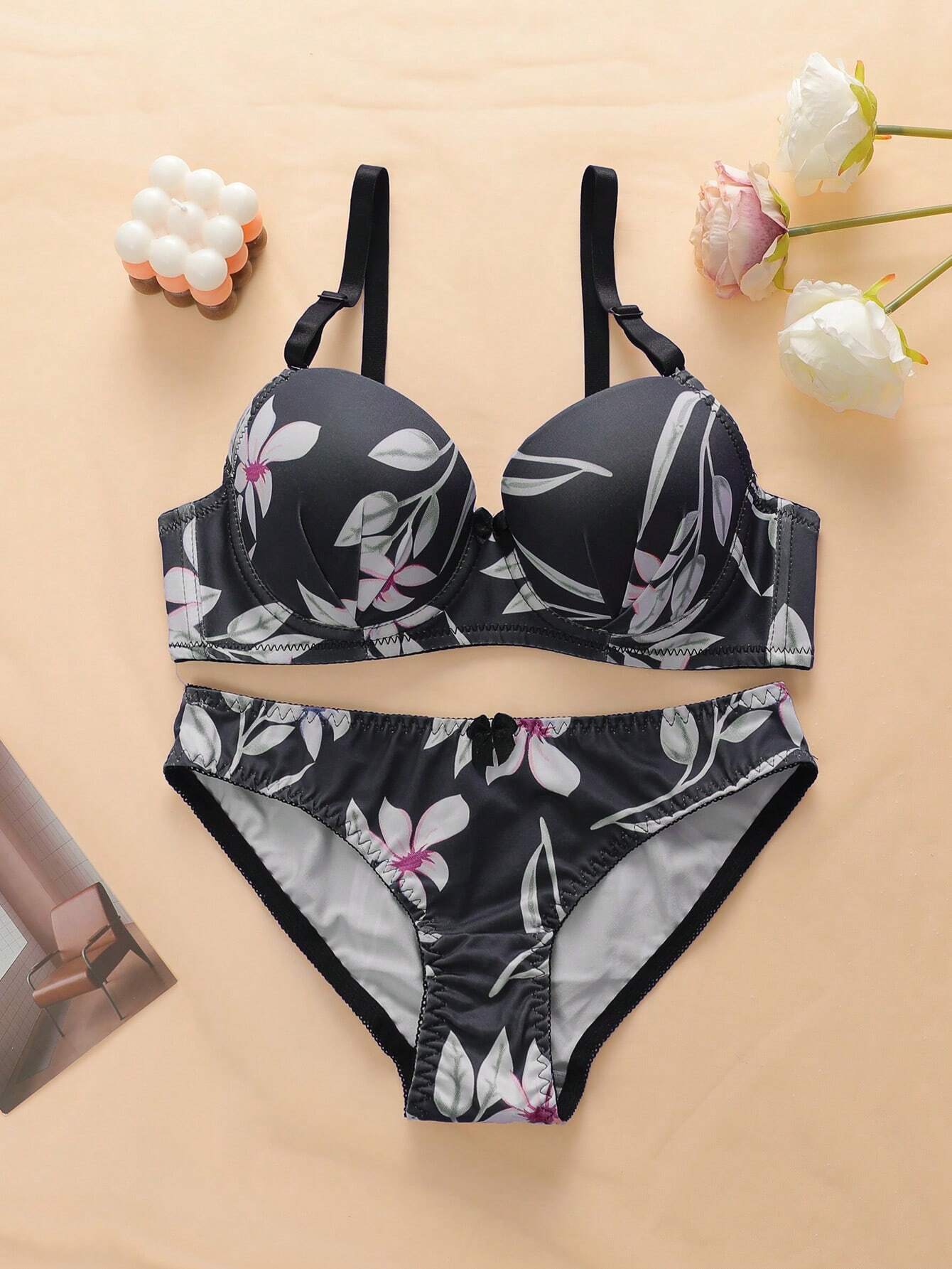 Leopard Print Push Up Underwire Lingerie Set Black