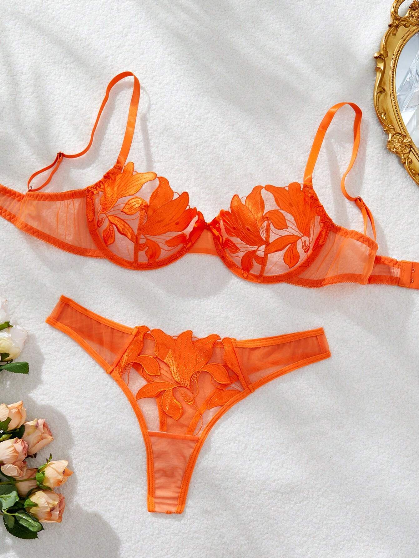 2pcs/Set Women Solid Mesh Contrast Romantic Floral Maple Leaf Sexy Lingerie Set Orange