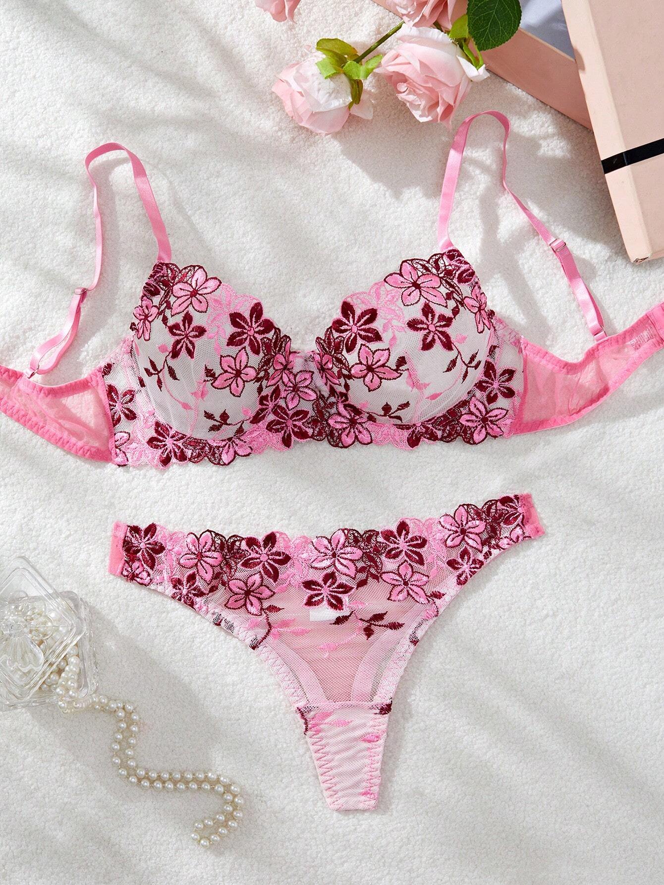 2 Pieces Romantic Pink Women Underwire Bra And Panty Set Pink 2