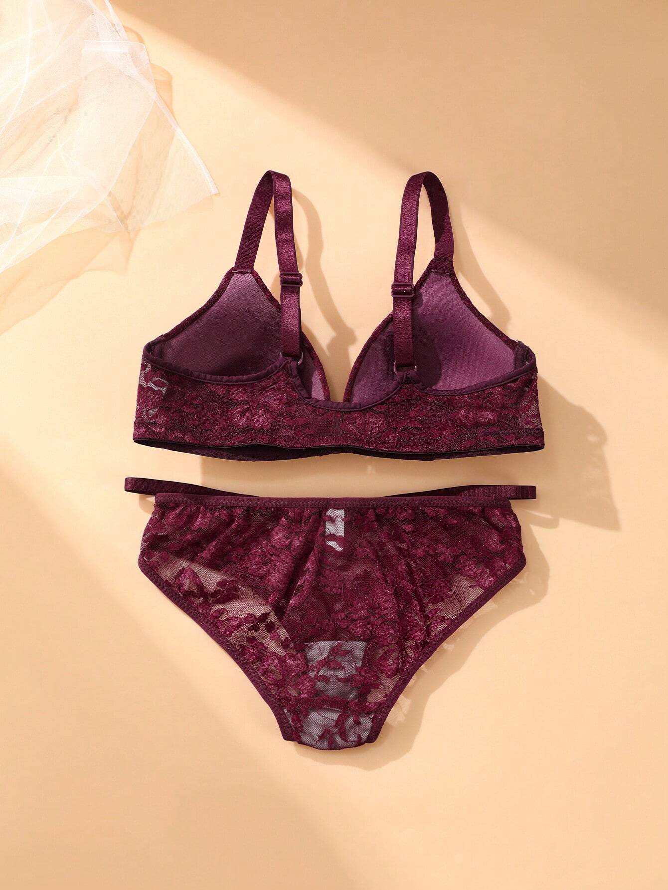 1set Women Front Closure Lace Trim Wireless Bra And Panty Lingerie Set