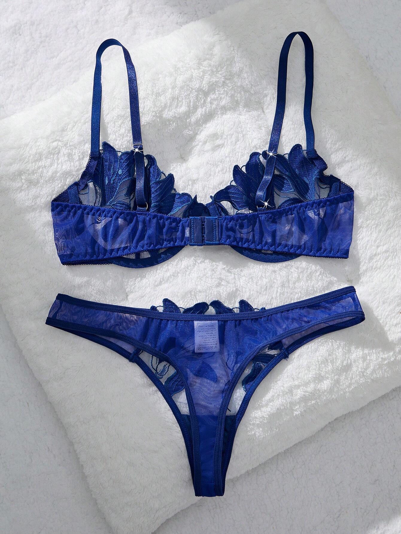 2pcs/Set Women Solid Mesh Contrast Romantic Floral Maple Leaf Sexy Lingerie Set