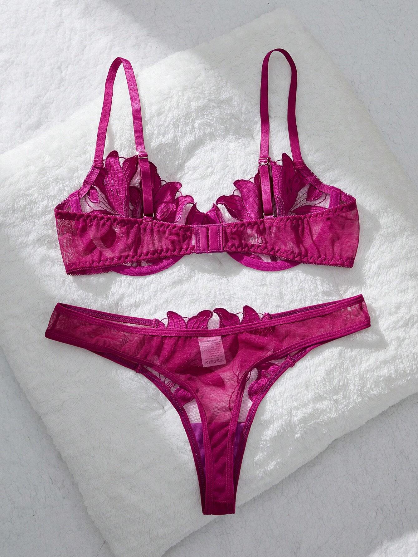 2pcs/Set Women Solid Mesh Contrast Romantic Floral Maple Leaf Sexy Lingerie Set