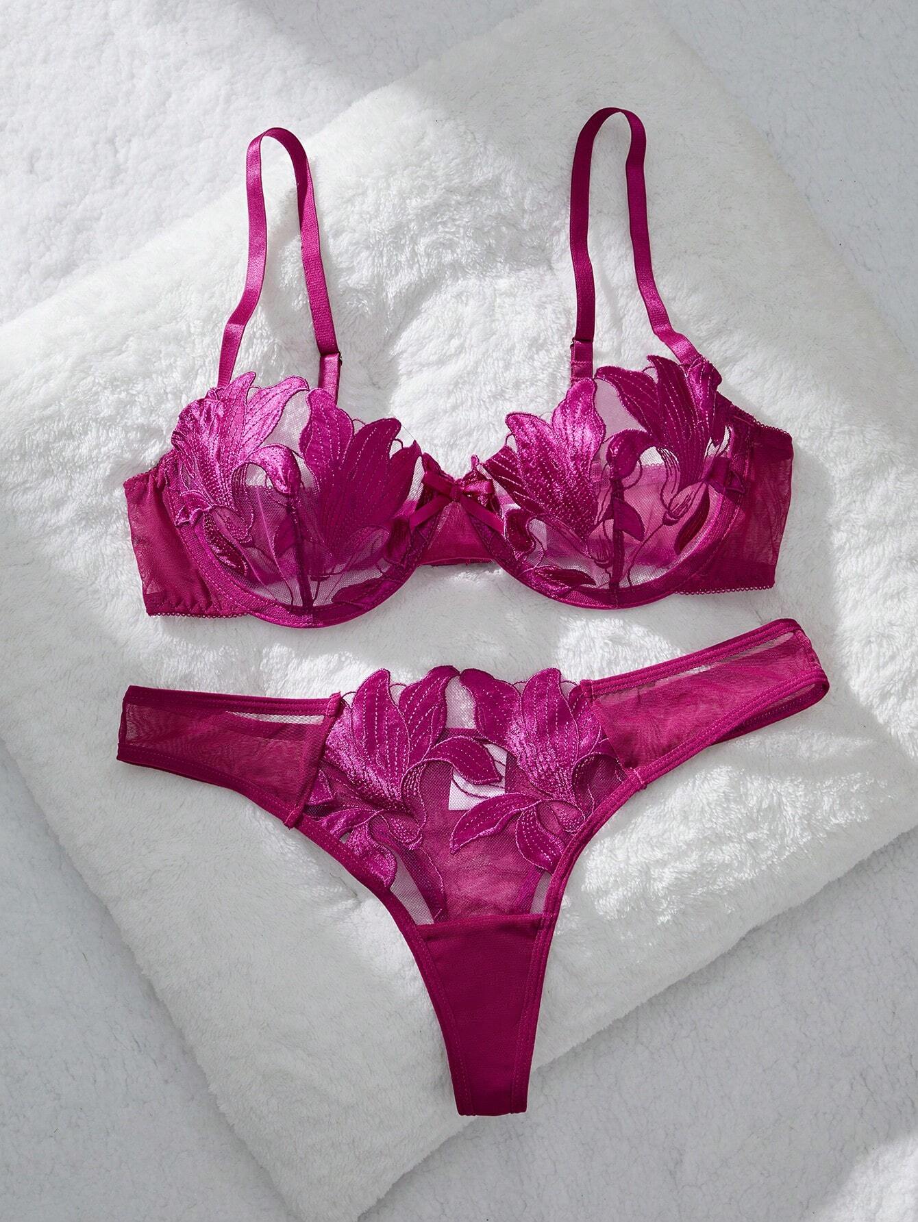 2pcs/Set Women Solid Mesh Contrast Romantic Floral Maple Leaf Sexy Lingerie Set Purple