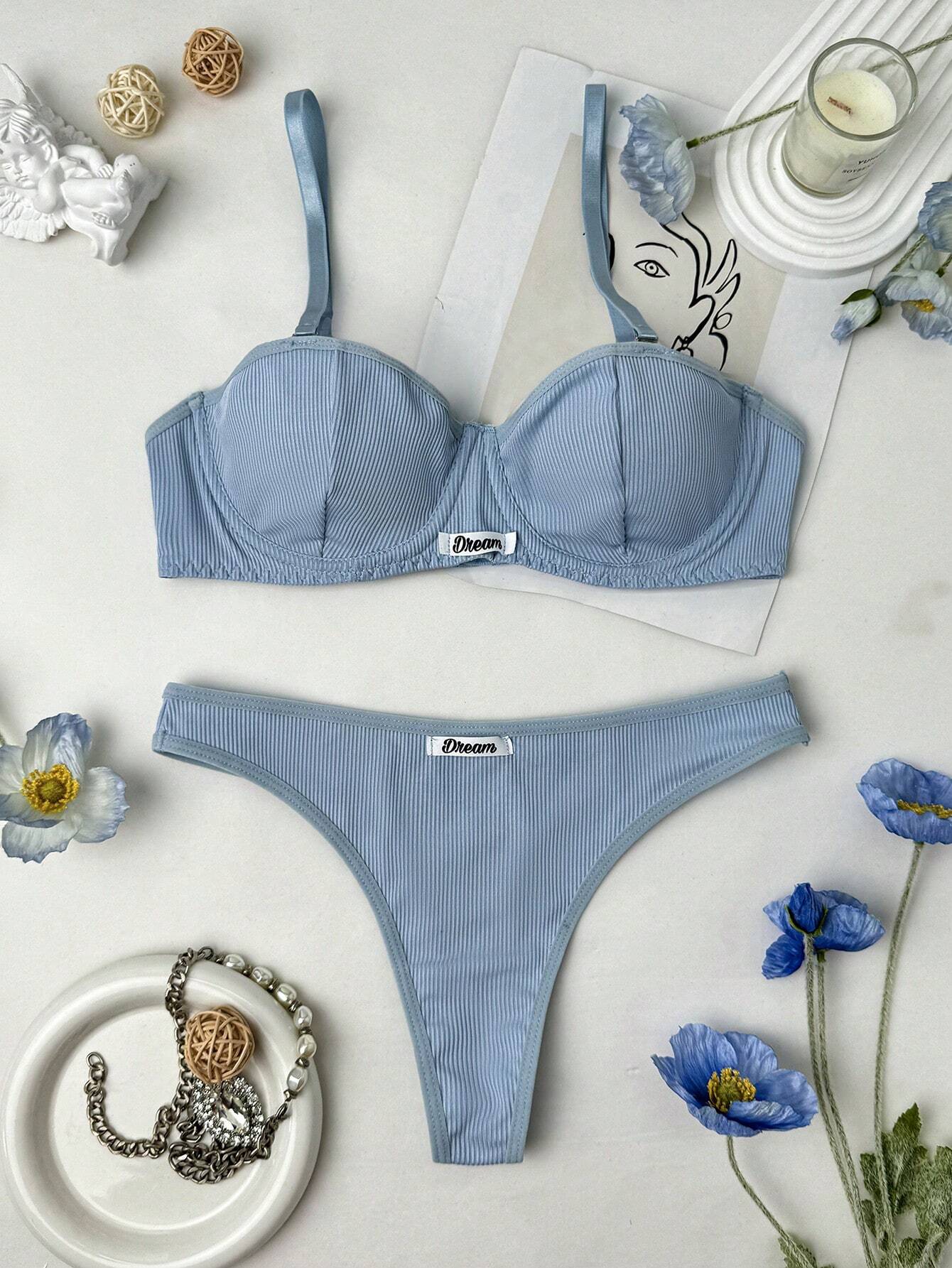 Letter Patched Underwire Bra & Panty Lingerie Set