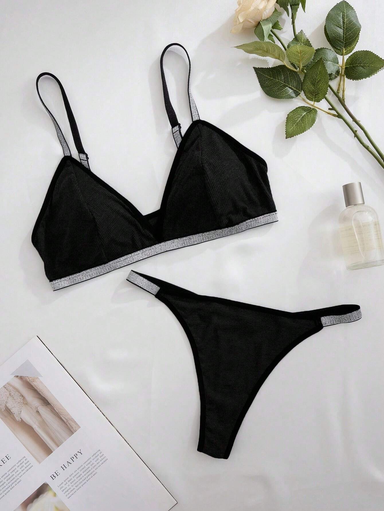 1 Set Sequin V-Neck Sexy Lingerie Set With Bra And Thong