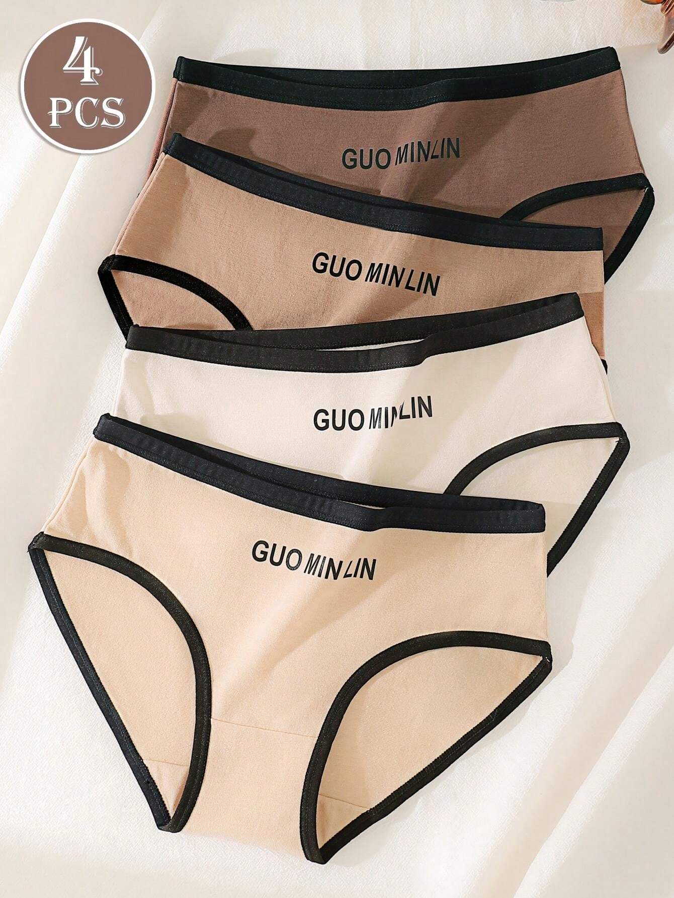 4pcs Women's Underwear With Letter Print And Color Blocking Design