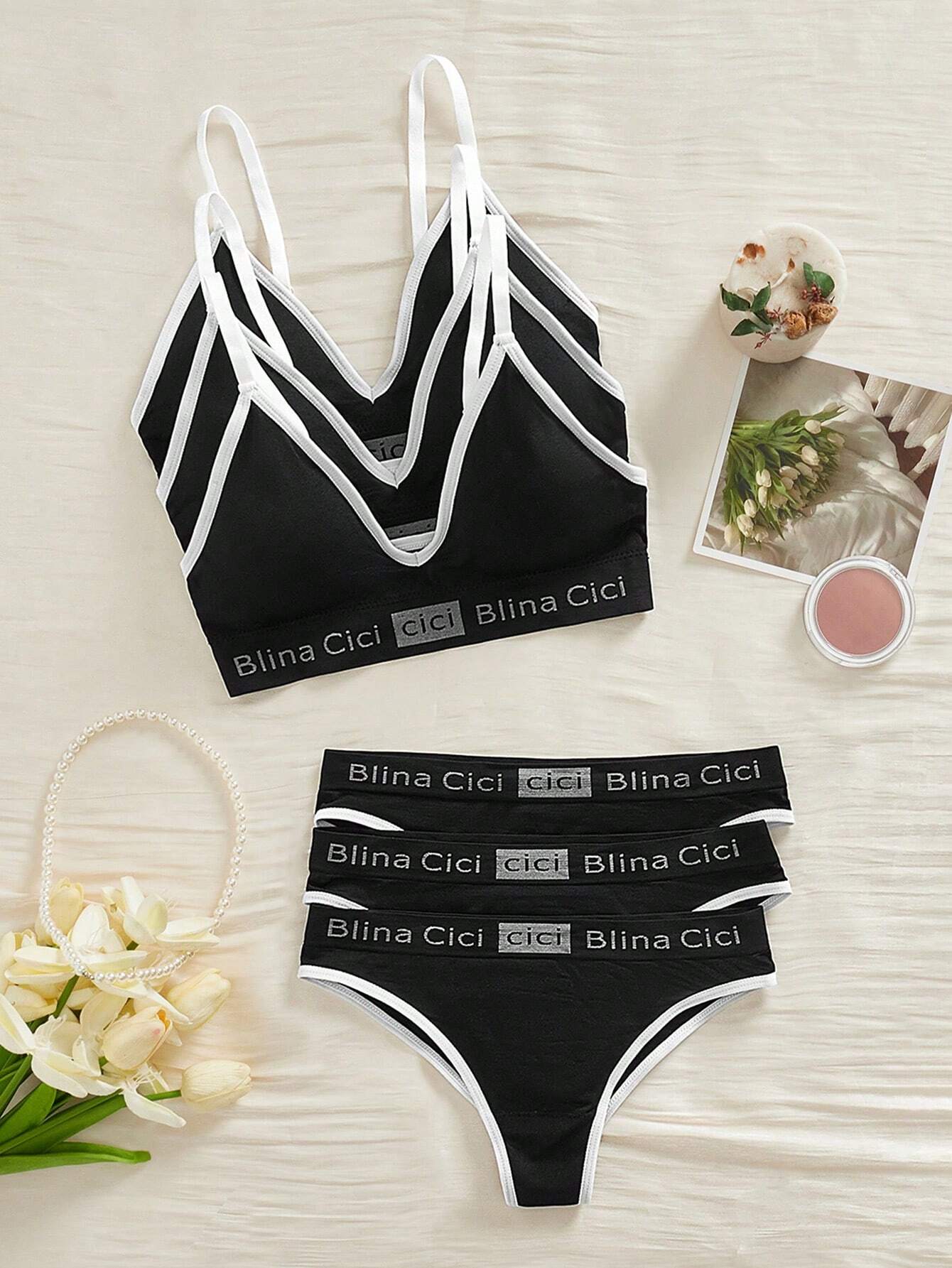3 Sets Women Letter Print Bra And Underwear Set Sports Black