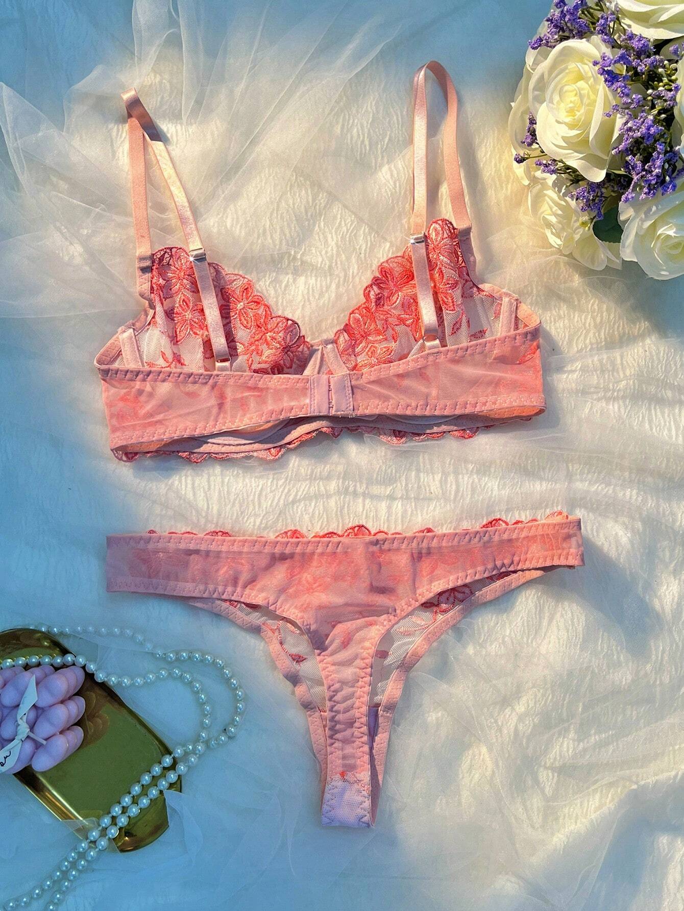 2 Pieces Romantic Pink Women Underwire Bra And Panty Set