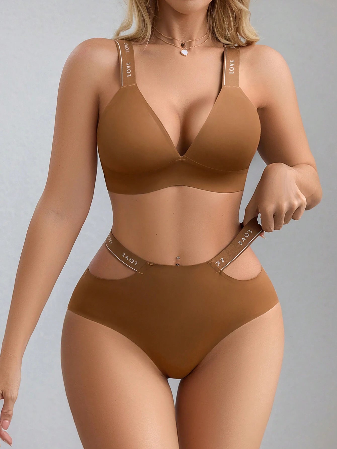 Leopard Print Letter Tape Bra & Cut Out Panty Lingerie Set Brown