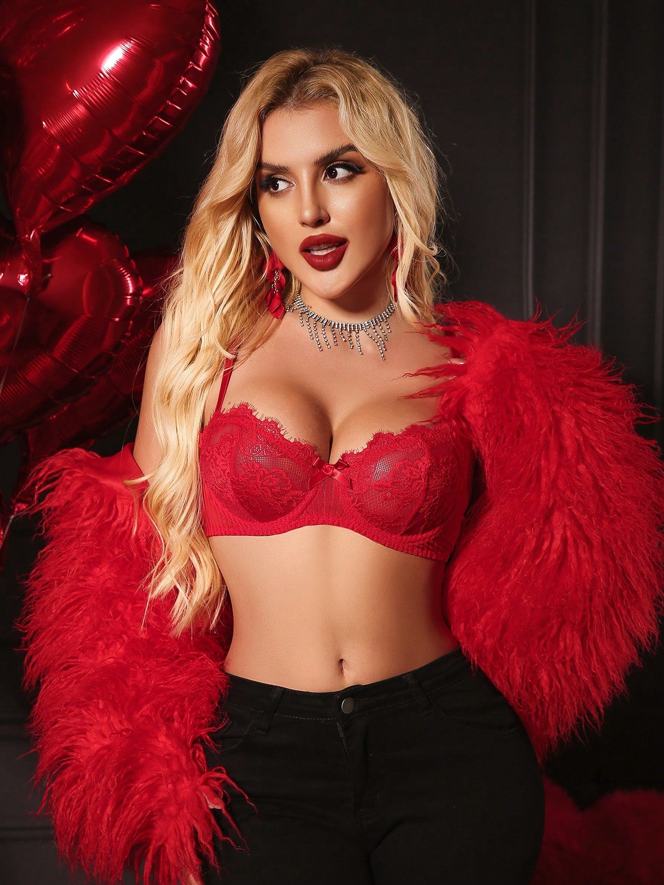 Women Lace Bow Detail Bow Sexy Bra Red