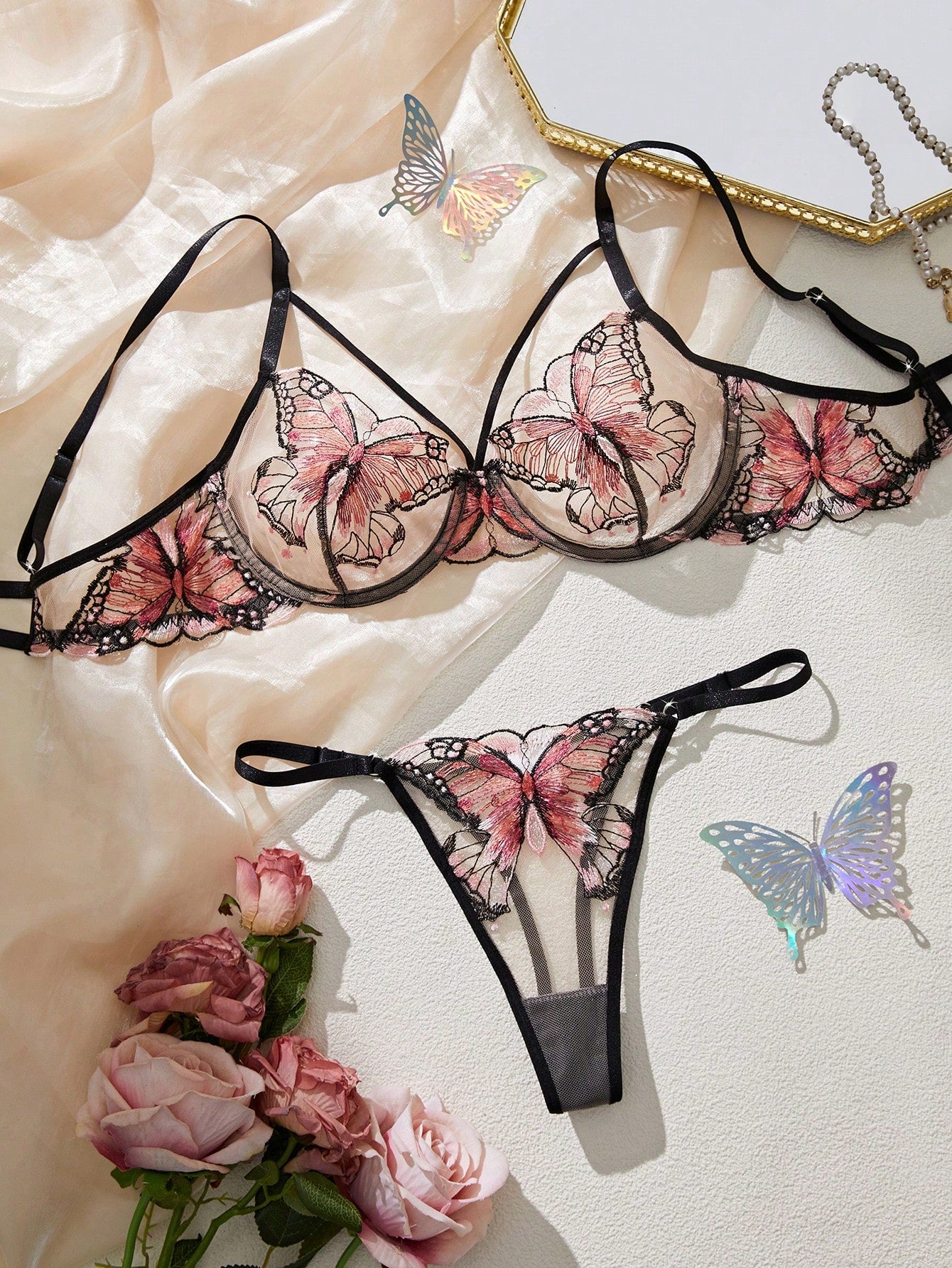 2pcs Romantic Butterfly Embroidery Sexy Lingerie Set For Valentine's Day