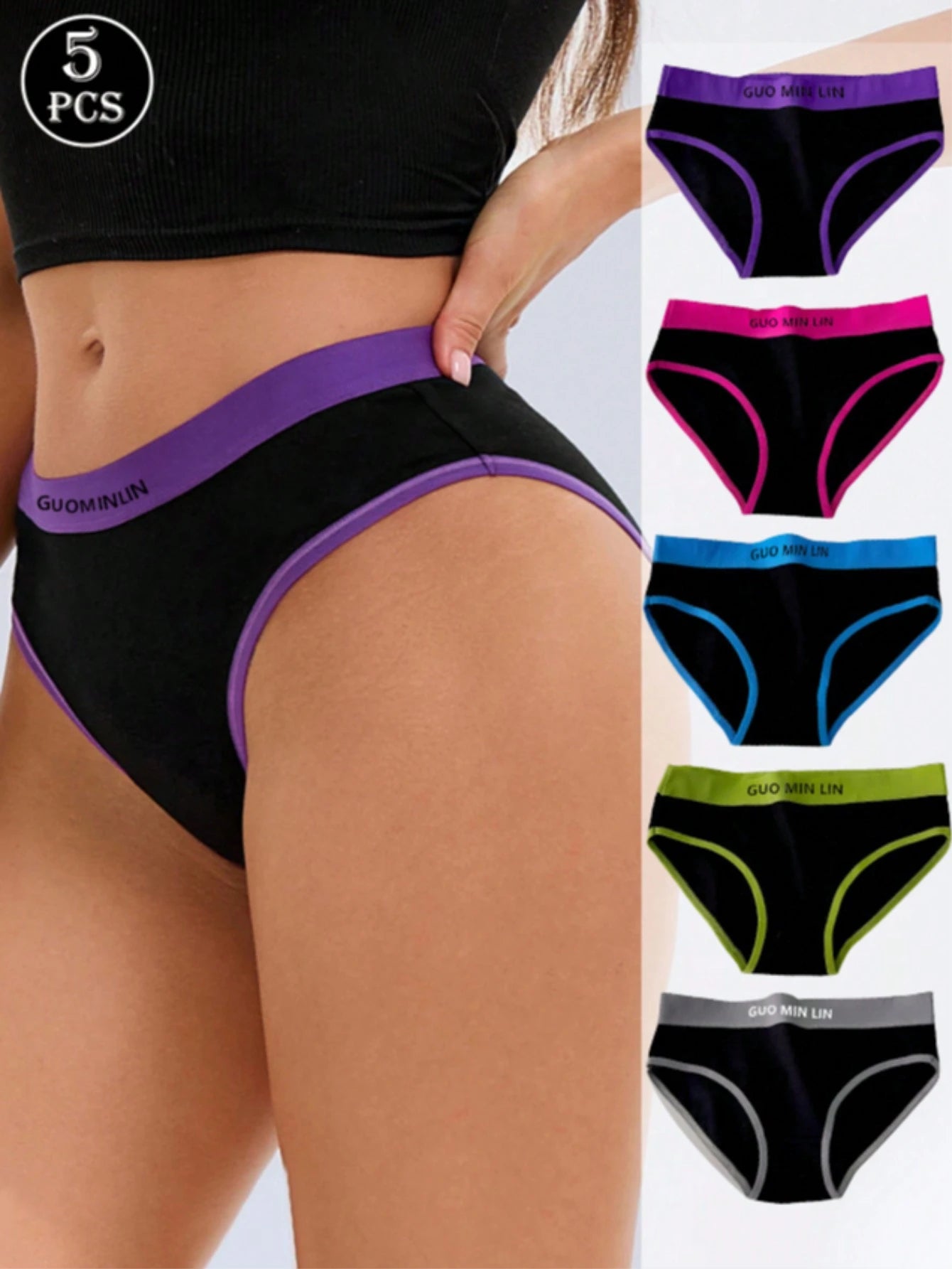 5pcs Pack Women's Soft Contrast Color Design Elegant Minimalist Breathable Triangular Panties Multicolor