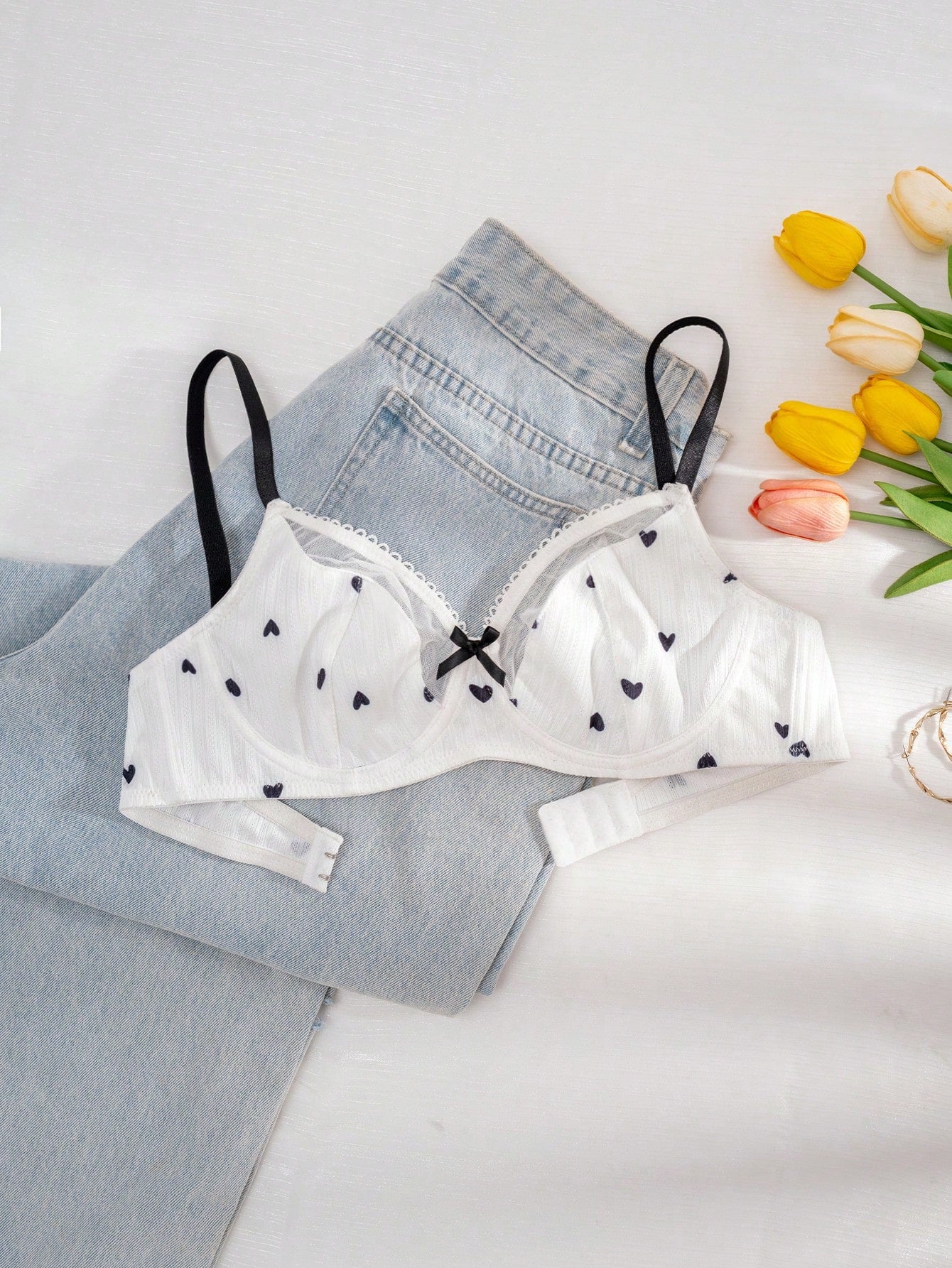 Women Heart-Shaped Print Color Block Bra