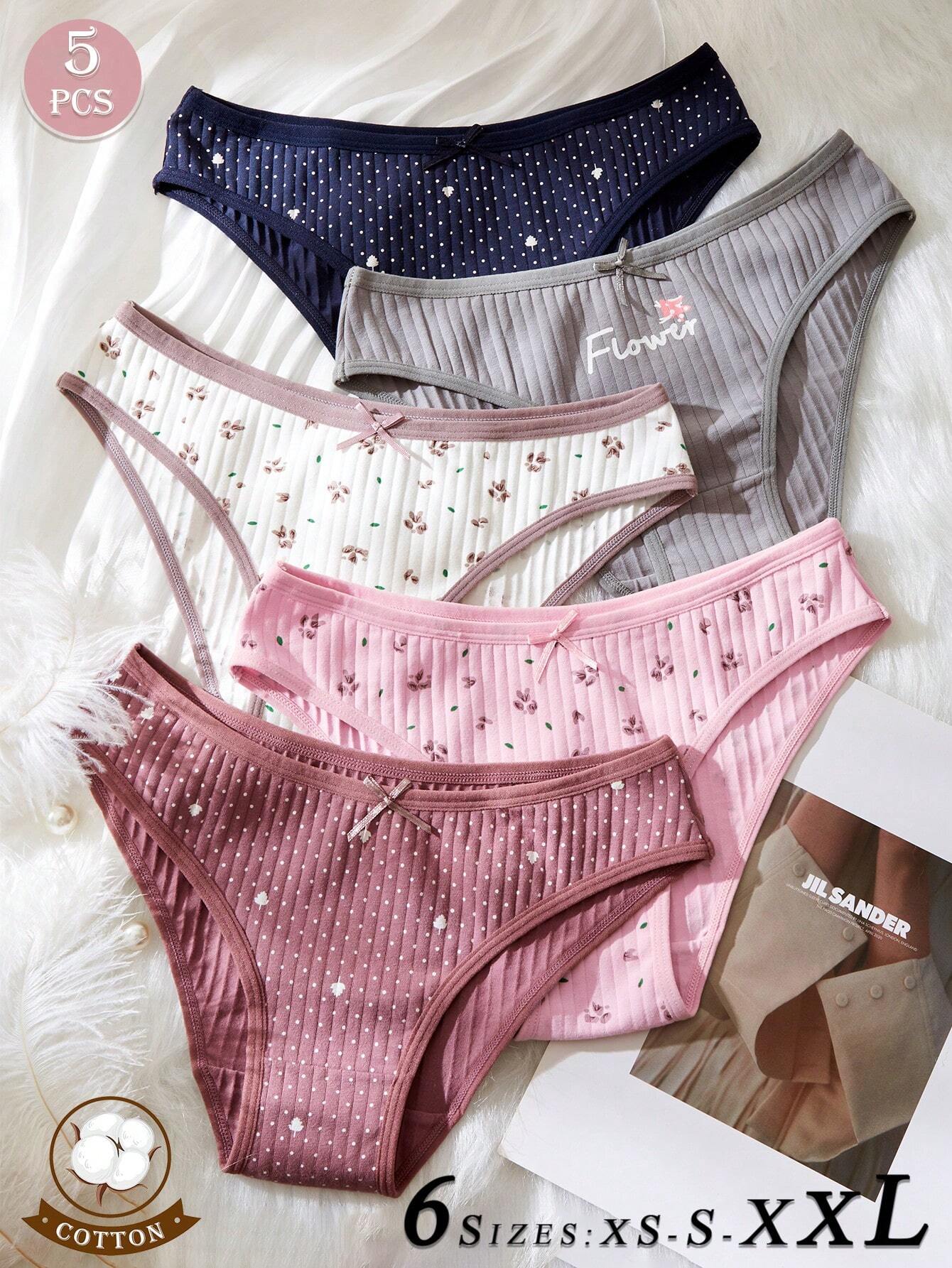 5pcs Women's Panties,Ribbed Knit Brief,Lace Edged Romantic Multicolor