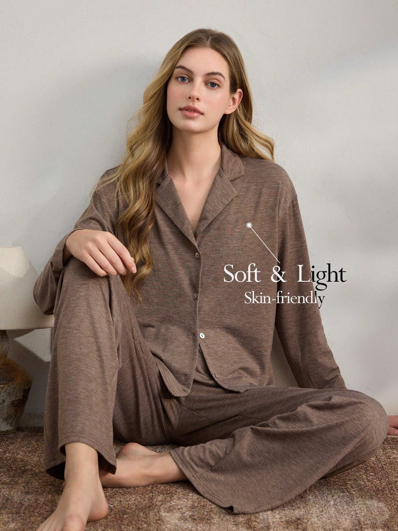 Lapel Collar Button Front Pajama Set