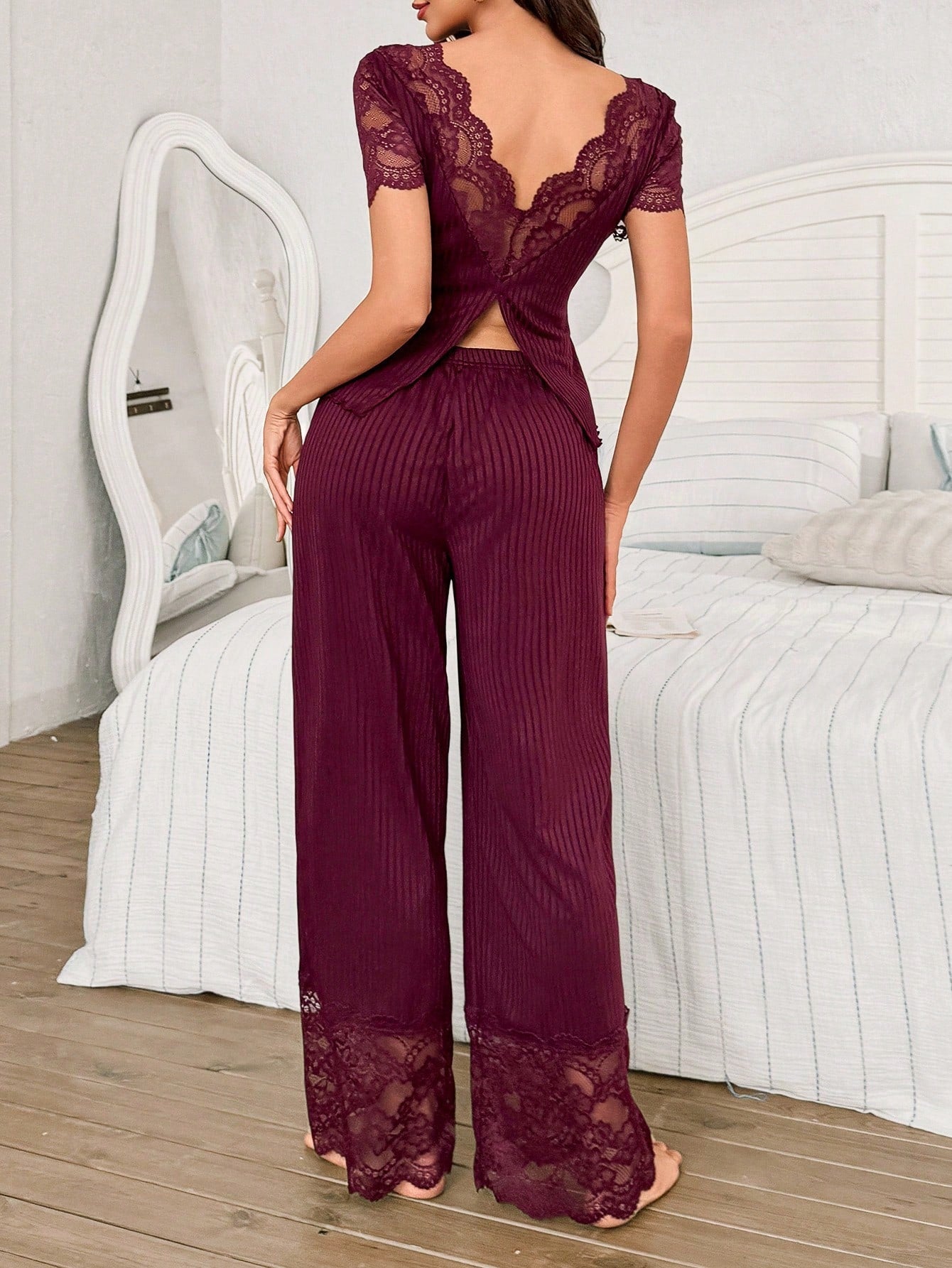 V Neck Plain Pant Pajama Set With Contrast Lace Lace Trim Pajama