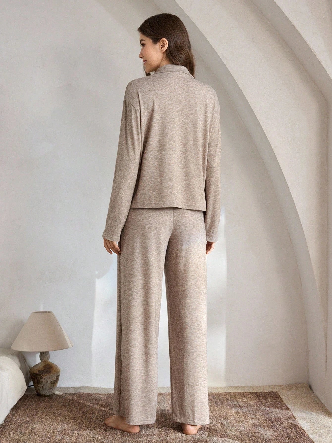 Lapel Collar Button Front Pajama Set