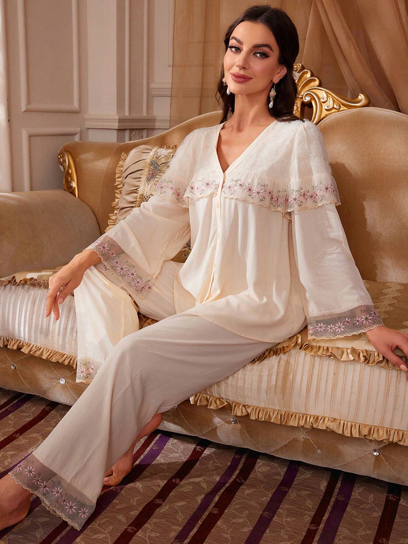 PalaceNights Contrast Embroidery Mesh Ruffle Trim Blouse &amp; Wide Leg Pants PJ Set