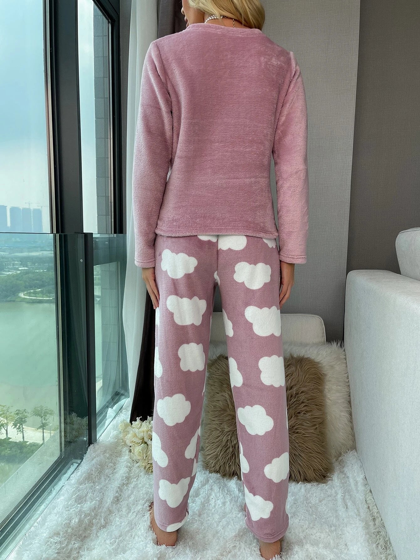 Eyelash Embroidery Flannel Long Sleeve Pajama Set