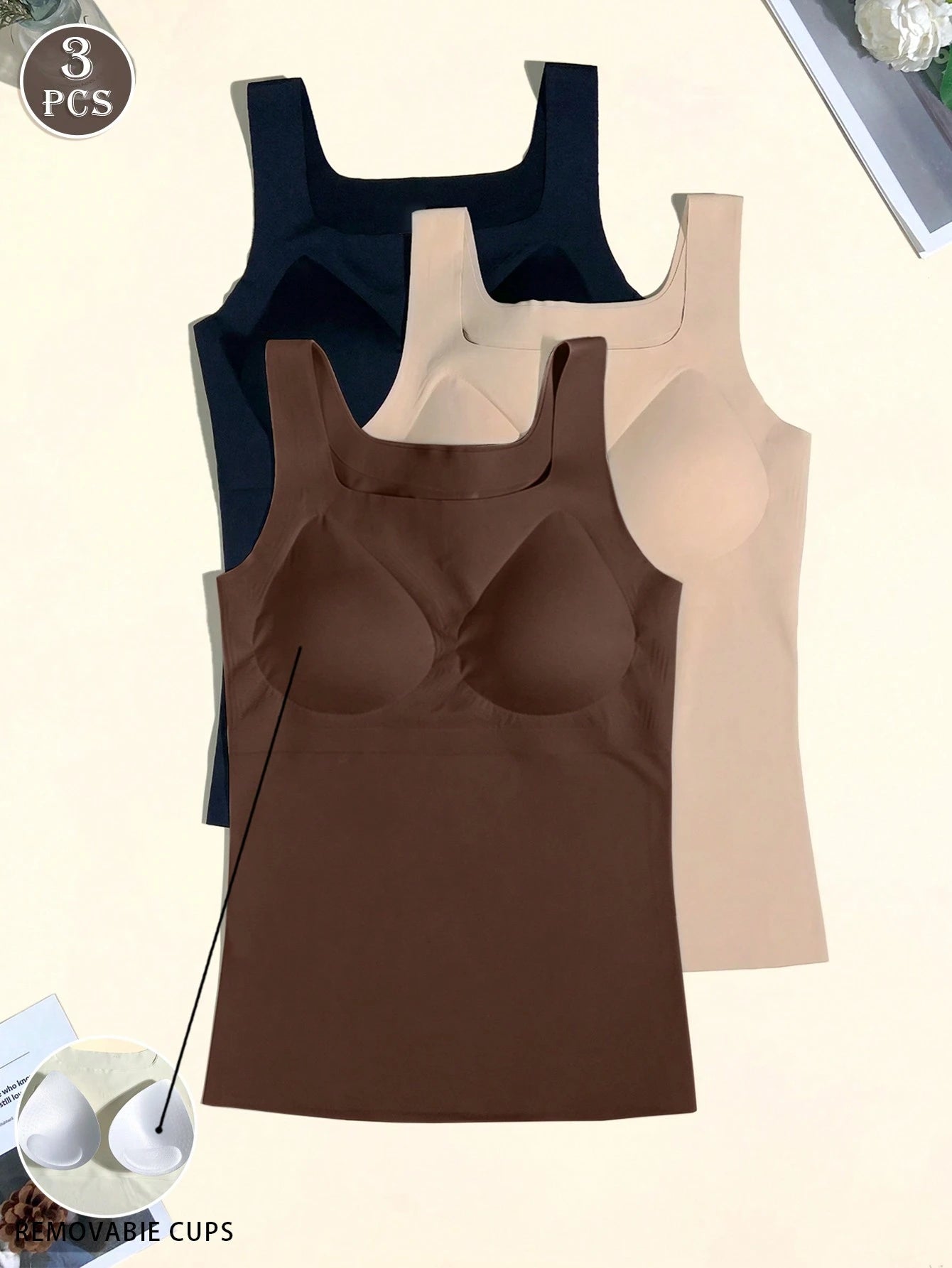 3pcs Minimalist Seamless Camisole Bras With Removable Pads