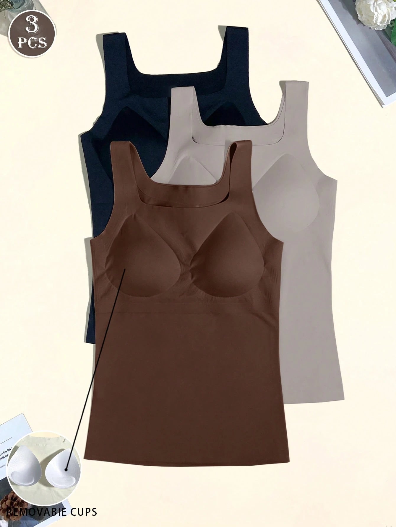3pcs Minimalist Seamless Camisole Bras With Removable Pads