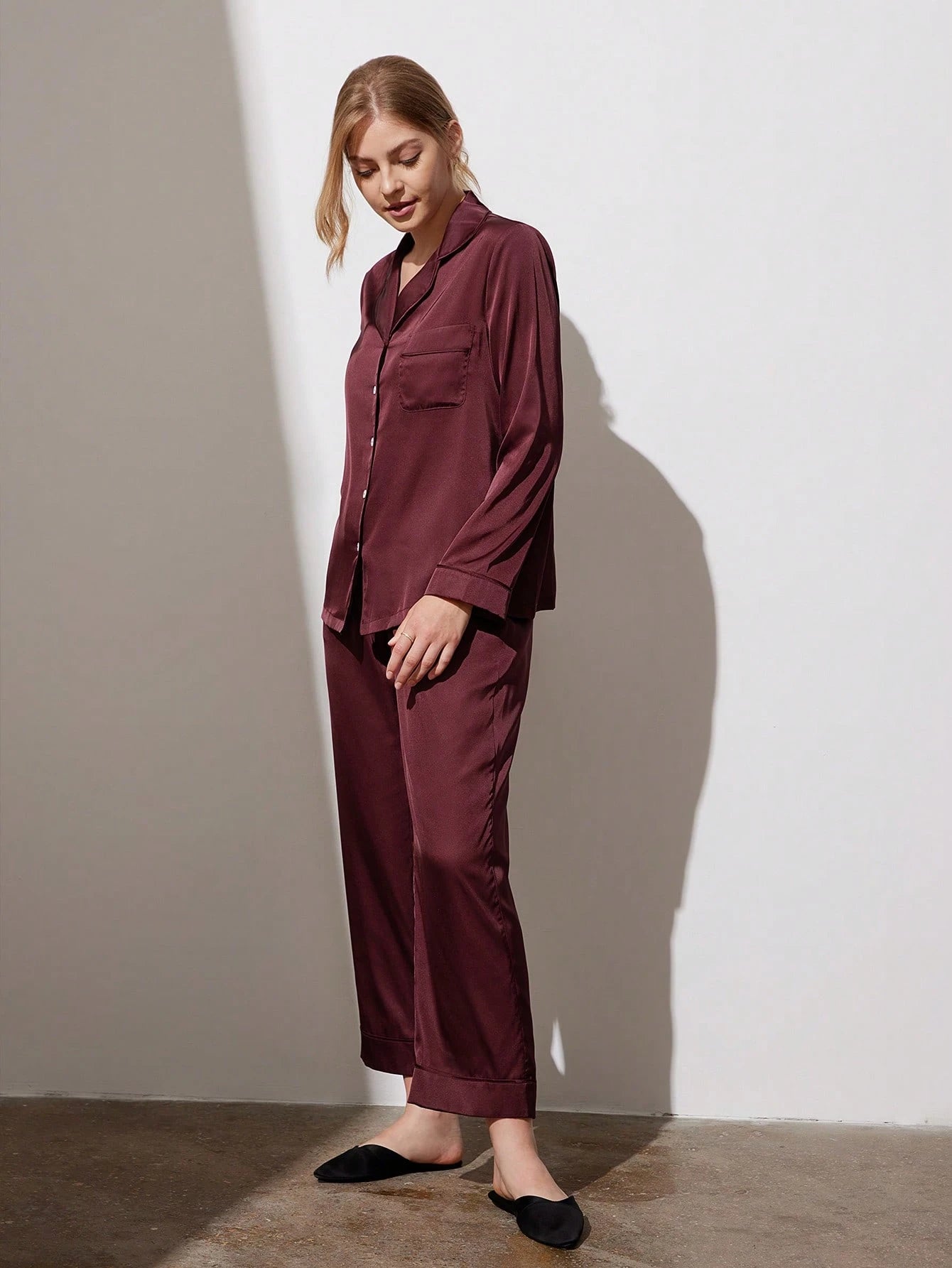 Sleeve Basic Button-Up Top & Pants