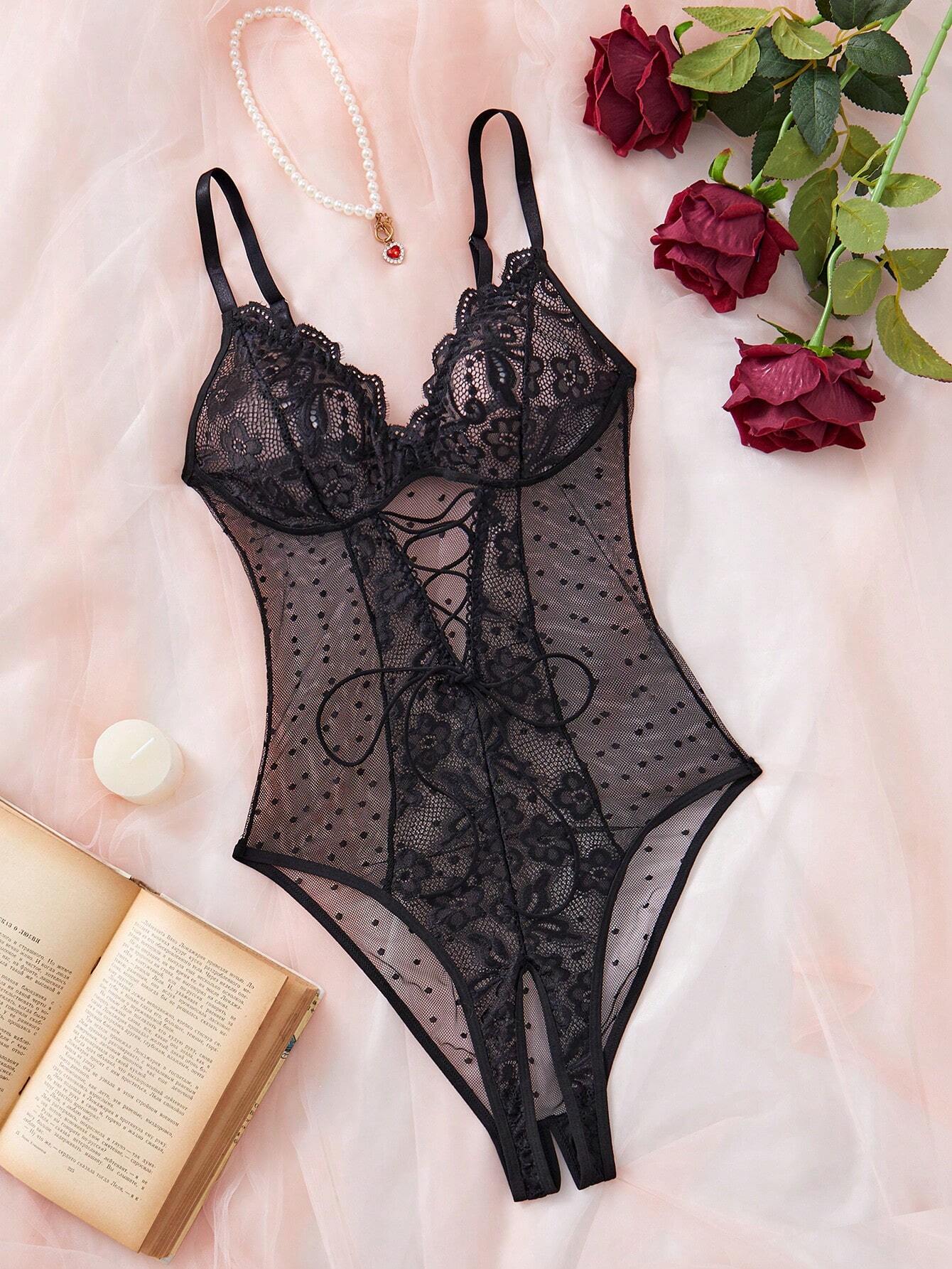 Contrast Lace Mesh Women's Sexy Bodysuit Lingerie, 1pc