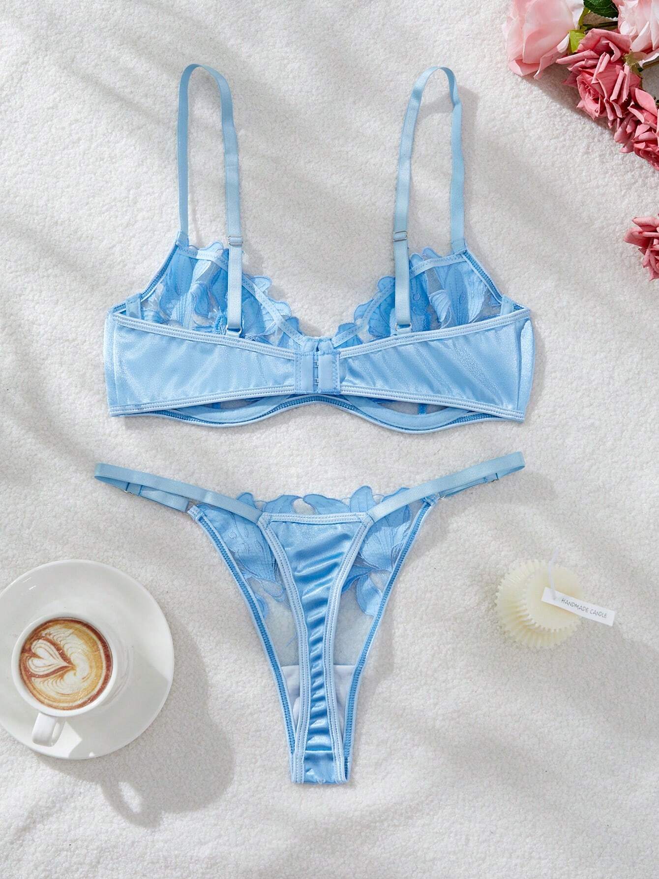 Women's Embroidered Mesh Contrast Sexy Lingerie Set