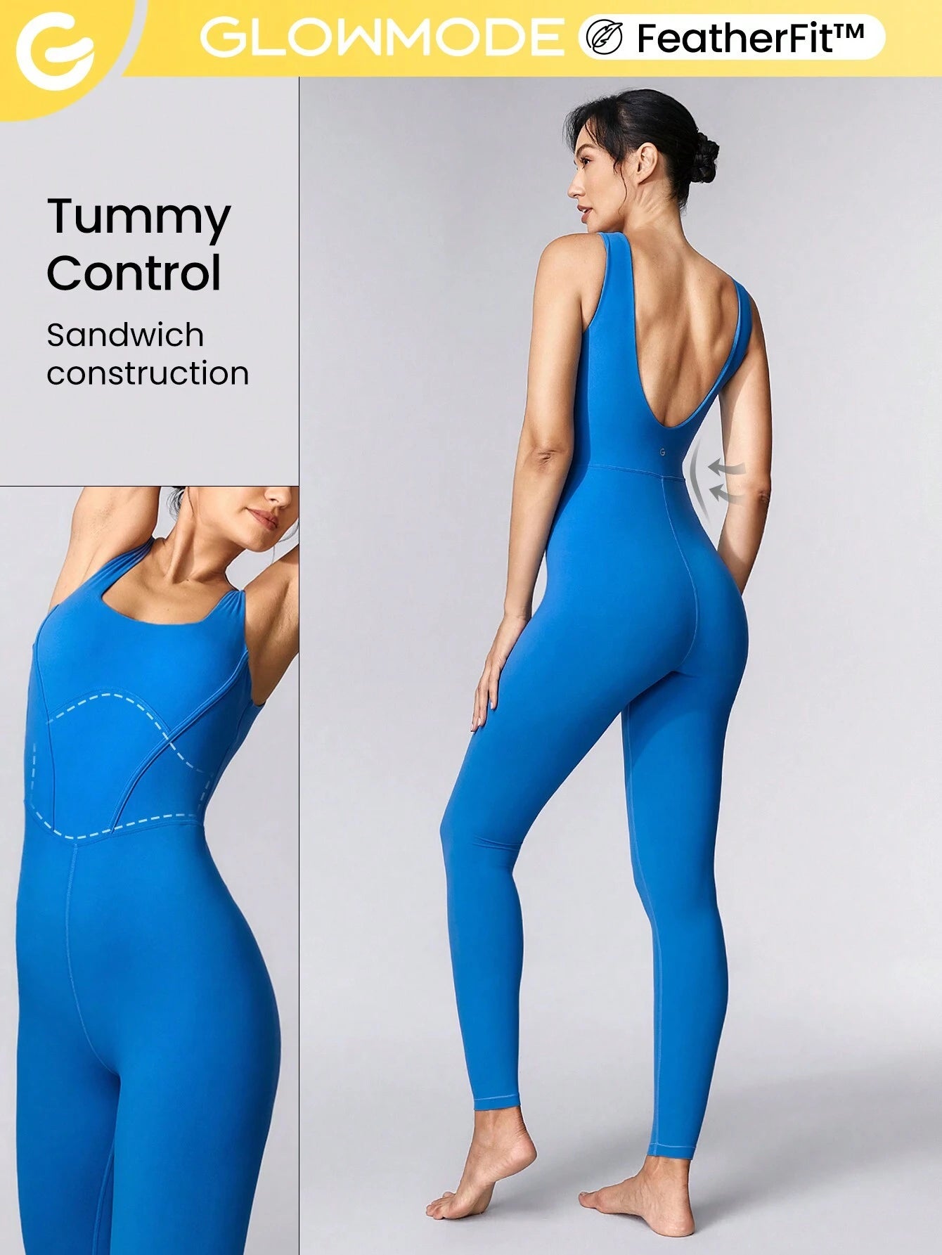 GLOWMODE 25" FeatherFit™ Tummy Control Gym Bodysuit Blue