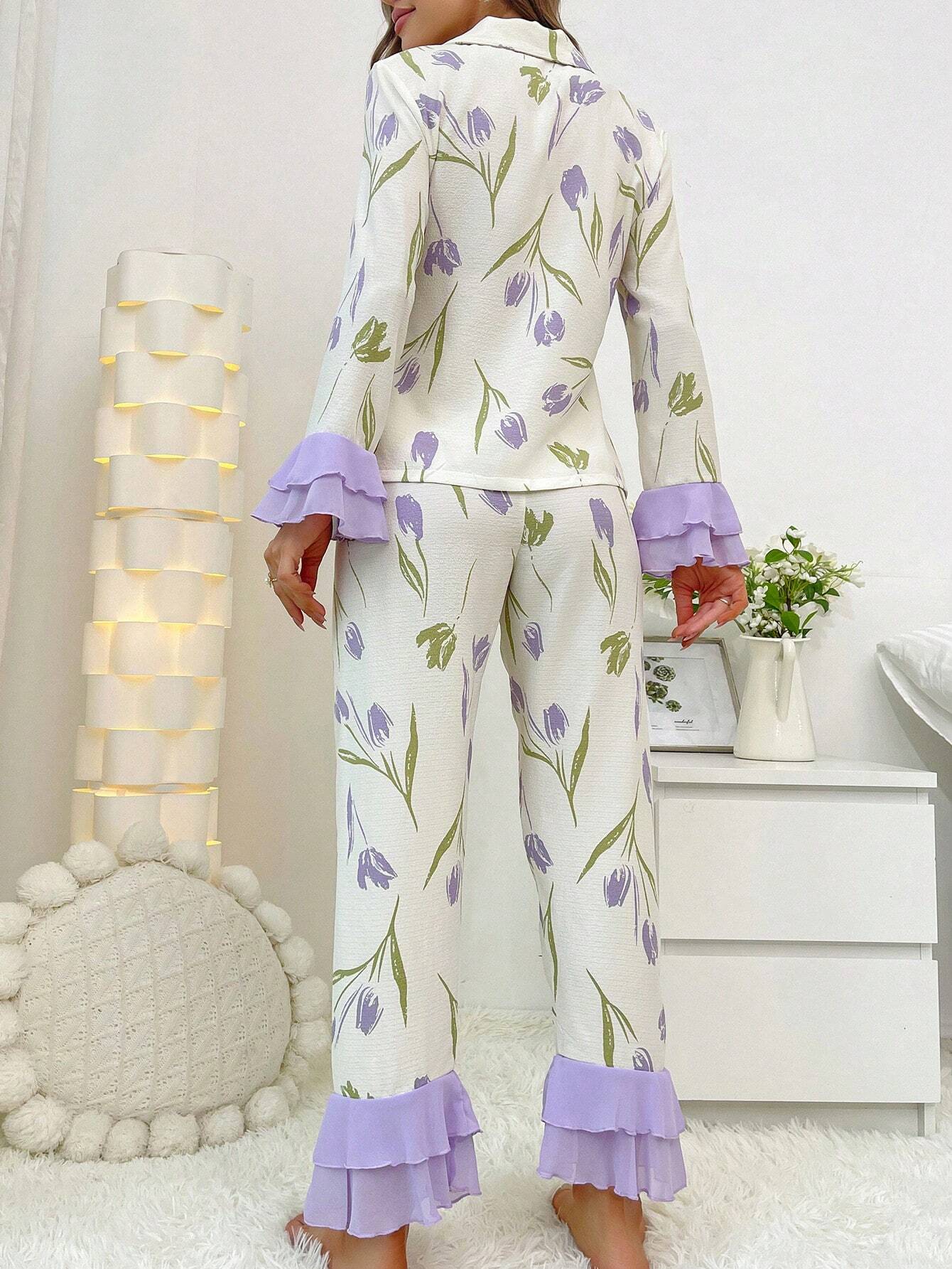 Floral Print Flare Sleeve Ruffle Hem PJ Set