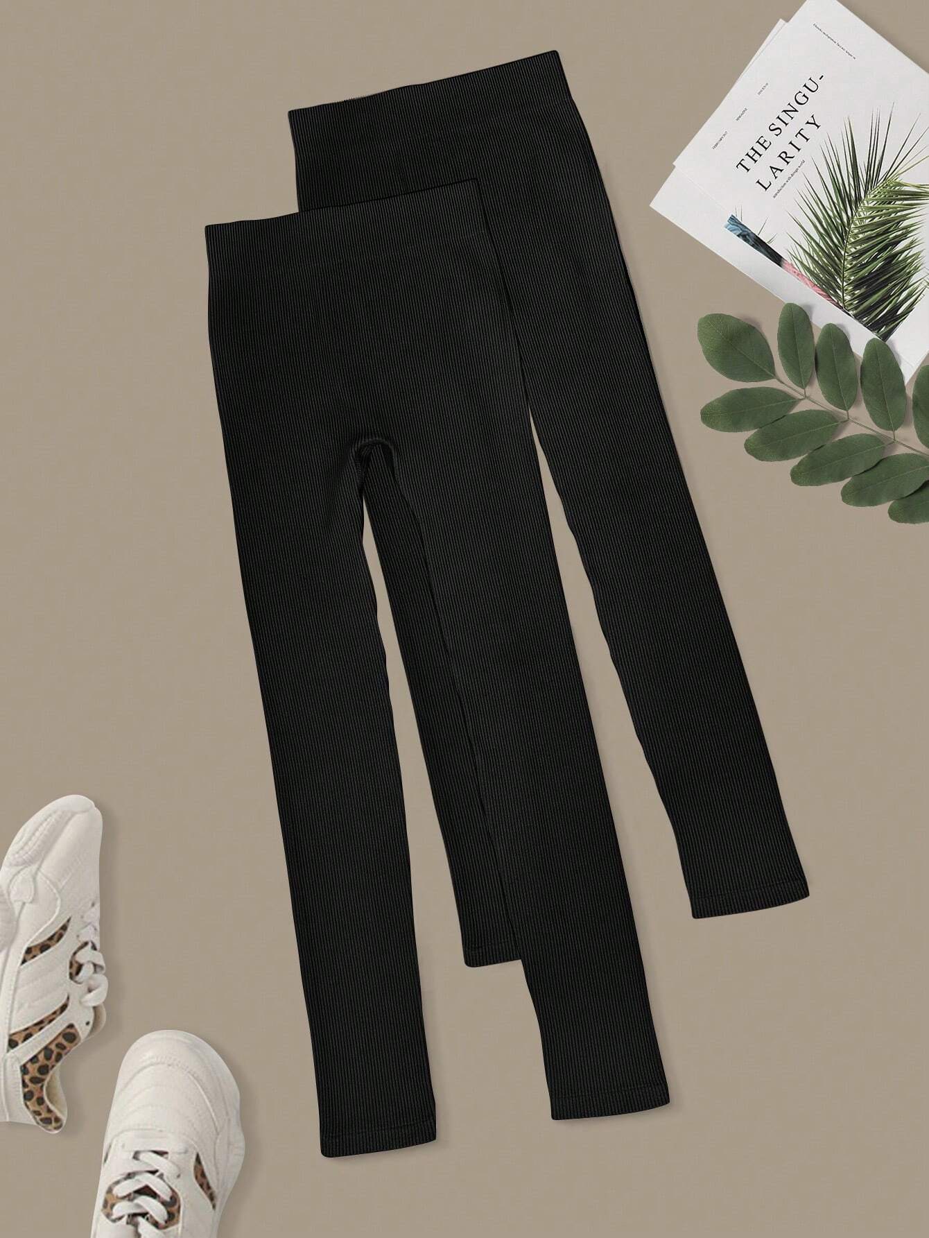 Yoga Basic 2pcs Solid Ribbed Knit Sports Leggings Workout Leggings Spandex