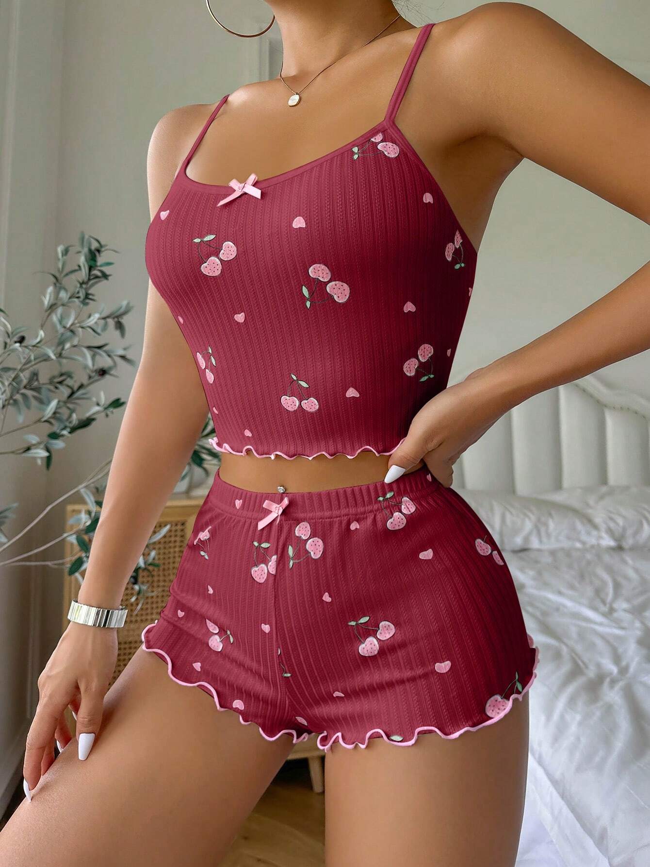 Cherry Print Camisole And Shorts Women's Pajama Set
