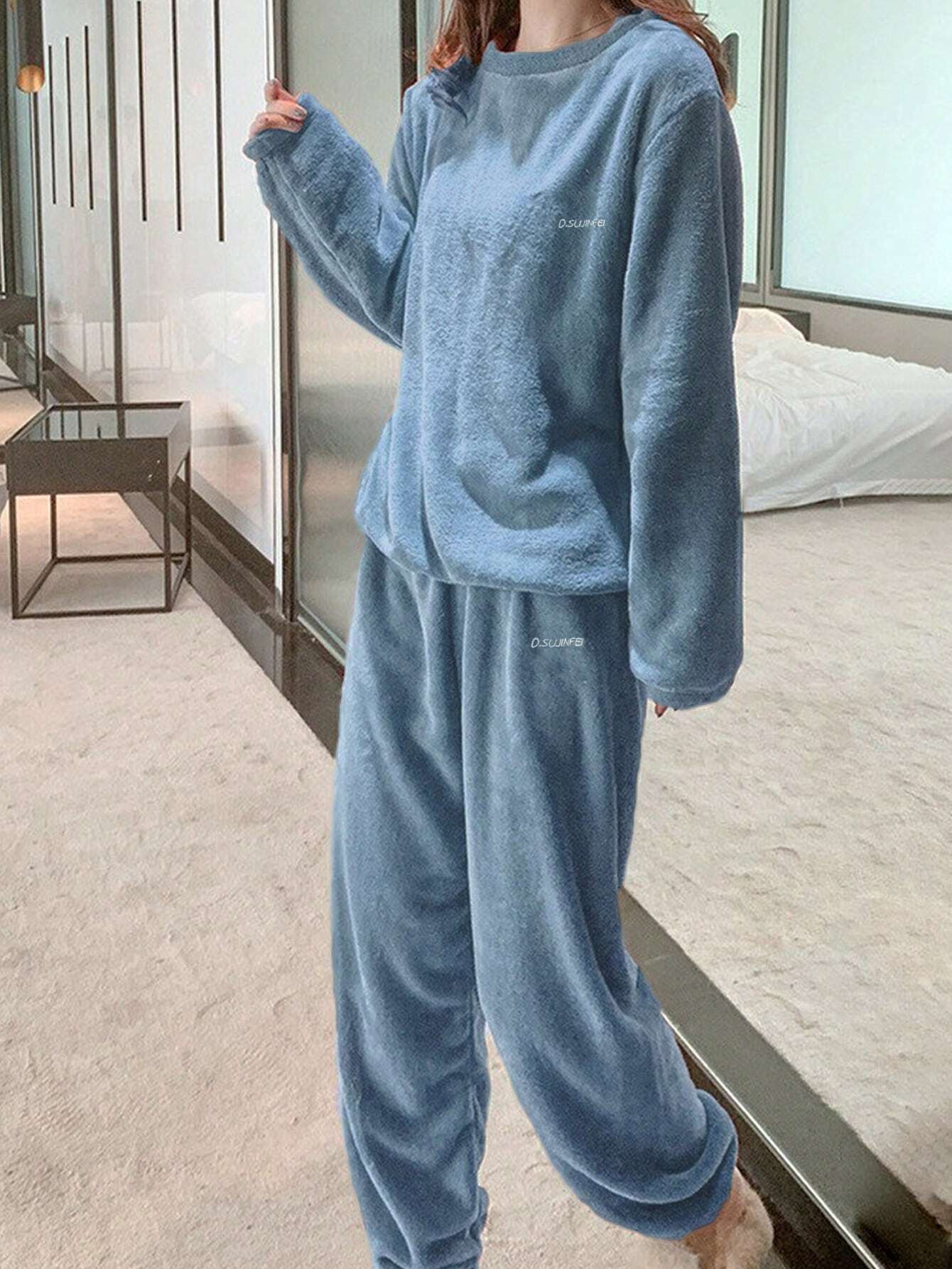 2pcs/Set Women Solid Color &amp; Letter Print Long Sleeve Shirt And Pants Pajama Set Blue
