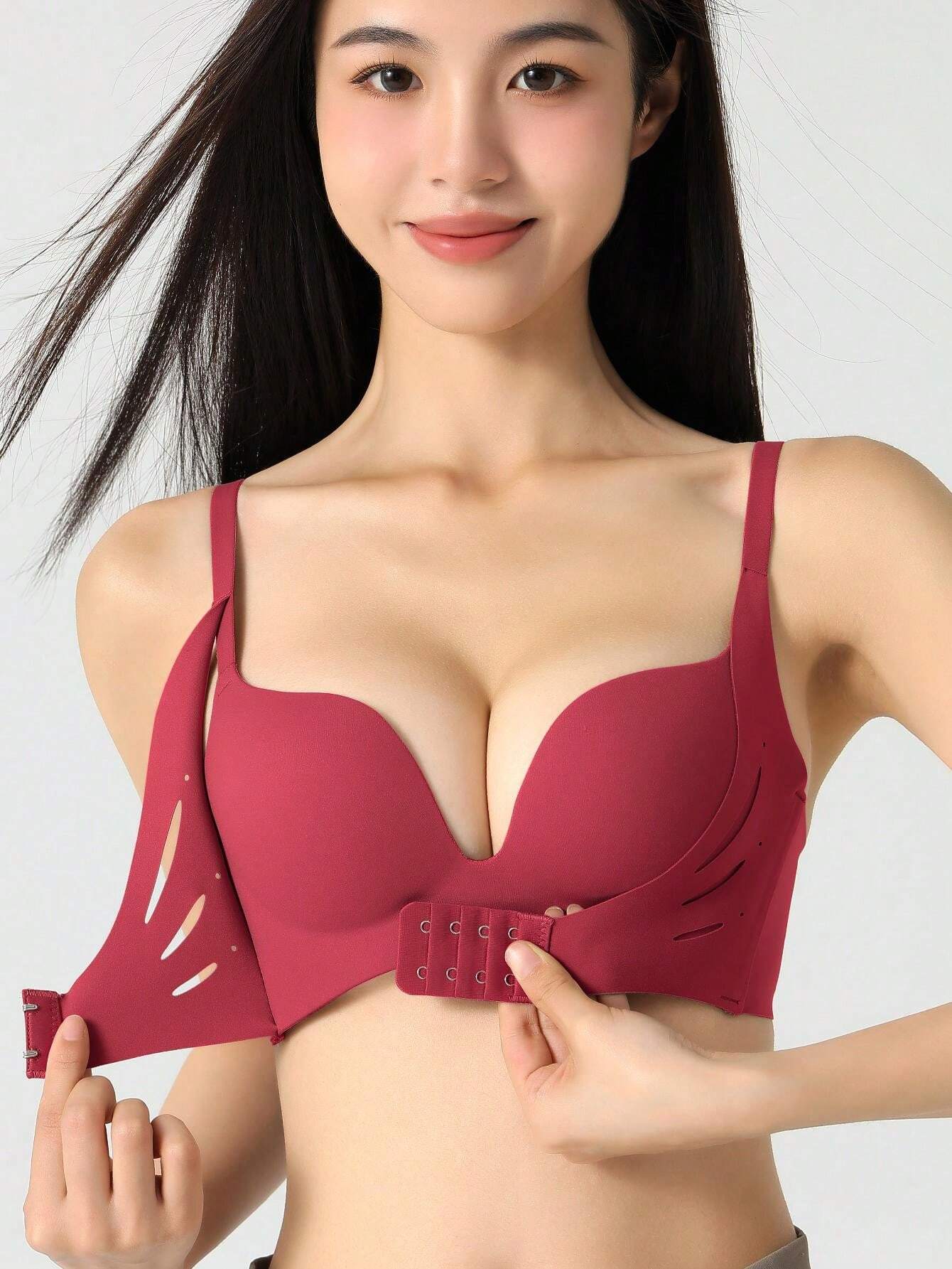 Brown Front Close No Wire Padded Push-Up Bra For Flat Chest Women