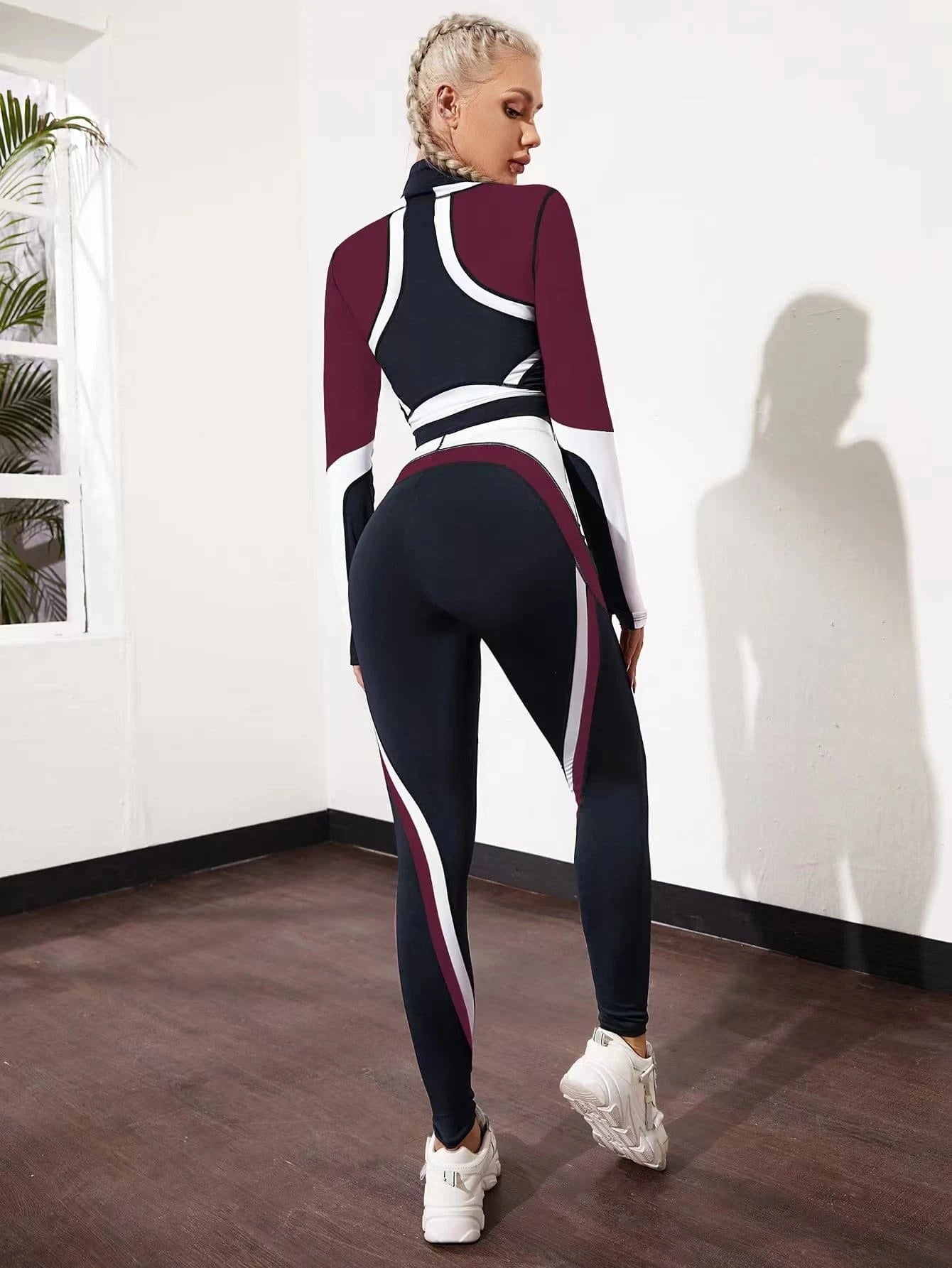 Yoga Futuristic 2pcs Breathable Color Block Fitness Yoga Suit Gym Outfits Set Half Zip Top &amp; Leggings