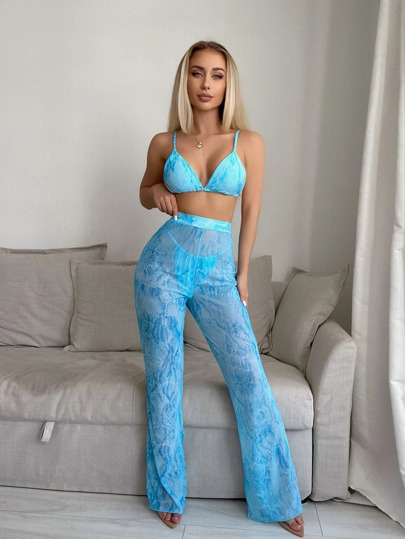 Snakeskin Triangle Bikini Swimsuit With Beach Pants Blue